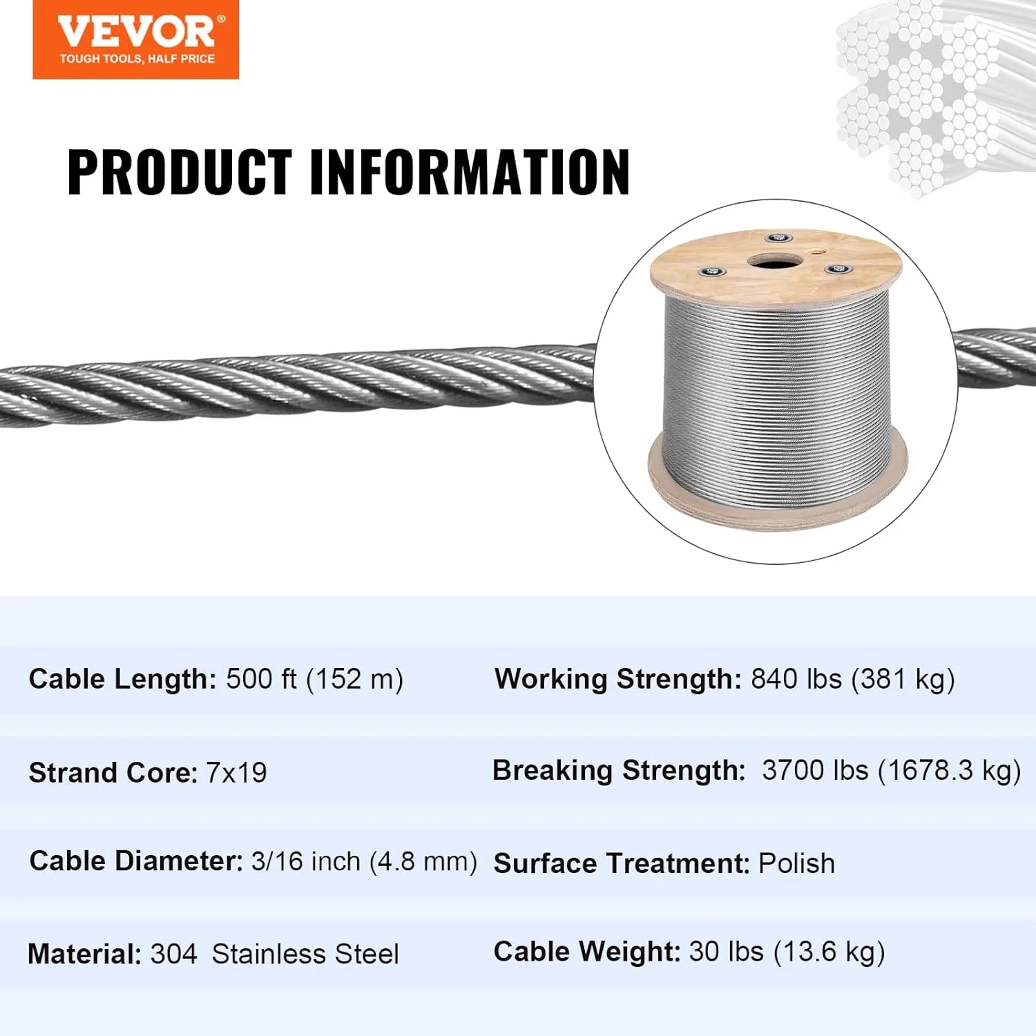 VEVOR 3/16 Stainless Steel Cable 500FT, T304 3700 LBS Breaking Strength Cable Railing System Wire Rope Aircraft Deck Railing Kit Fence Wire