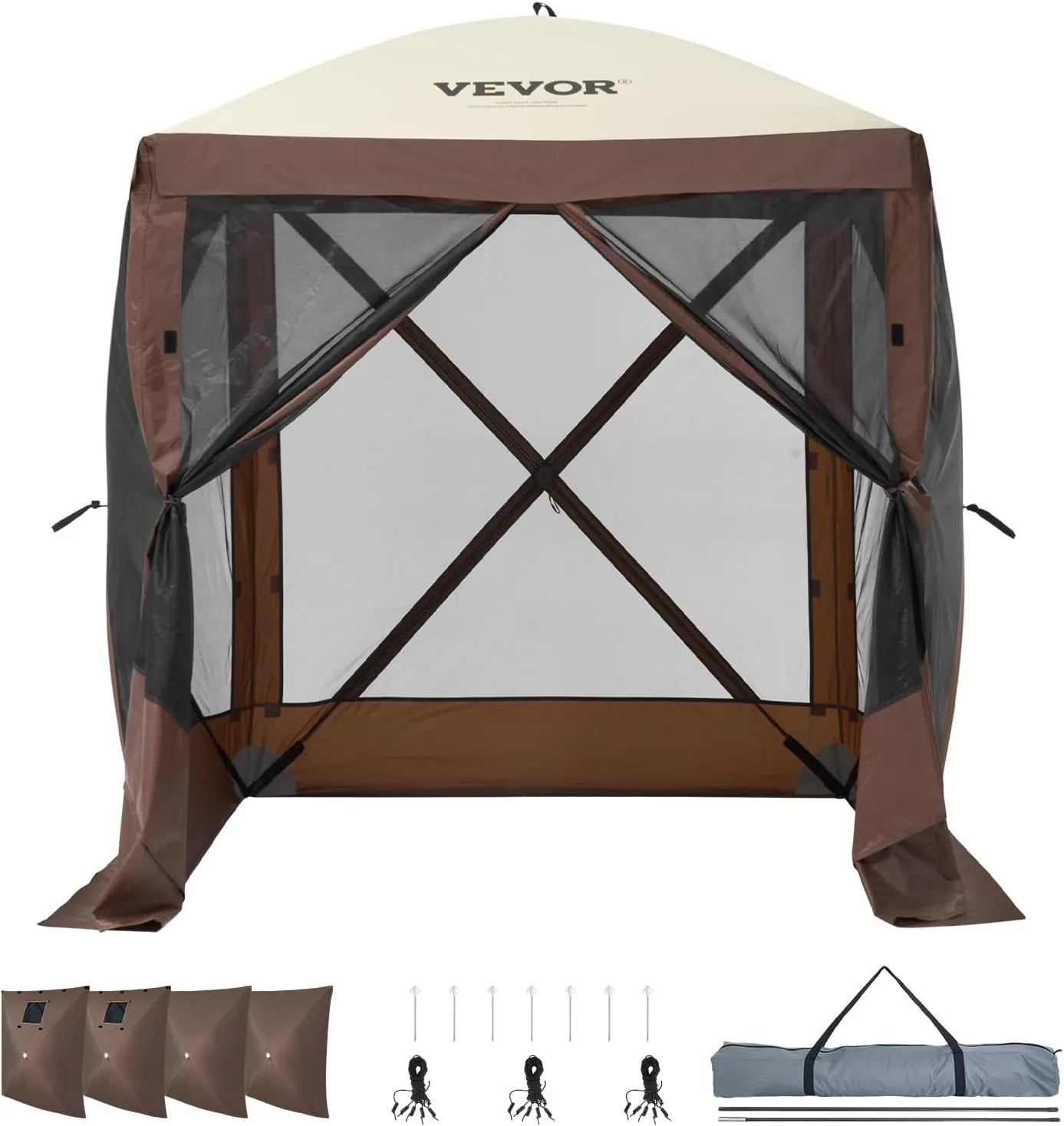 VEVOR Pop Up Gazebo Tent, Pop-Up Screen Tent 4 Sided Canopy Sun Shelter with 4 Removable Privacy Wind Cloths & Mesh Windows, 6x6FT Quick Set Screen Tent with Mosquito Netting, Brown