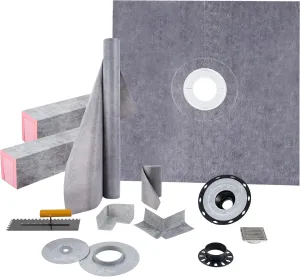 VEVOR Shower Curb Kit, 48"x48" Watertight Shower Curb Overlay with 4" PVC Central Bonding Flange, 4" Stainless Steel Grate, 2 Cuttable Shower Curb and Trowel, Shower Pan Slope Sticks Fit for Bathroom