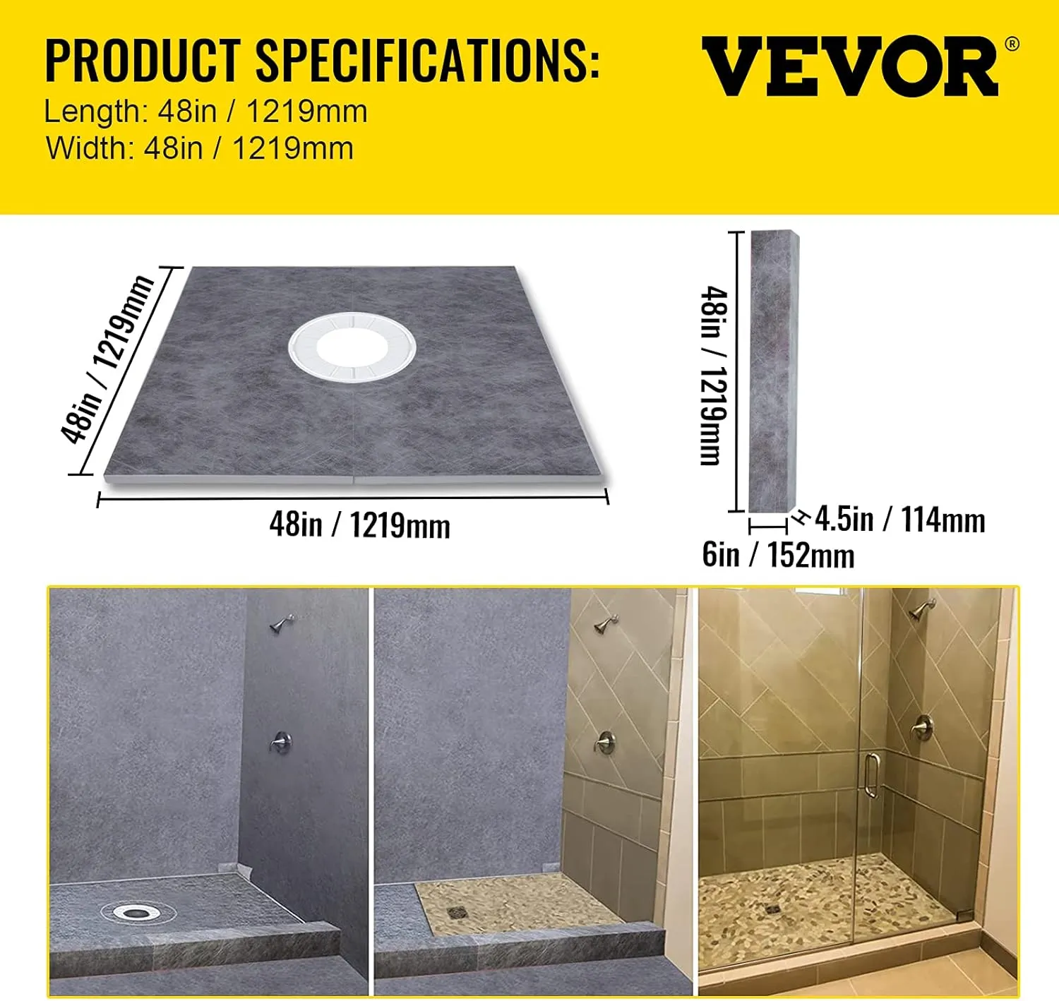 VEVOR Shower Curb Kit, 48"x48" Watertight Shower Curb Overlay with 4" PVC Central Bonding Flange, 4" Stainless Steel Grate, 2 Cuttable Shower Curb and Trowel, Shower Pan Slope Sticks Fit for Bathroom