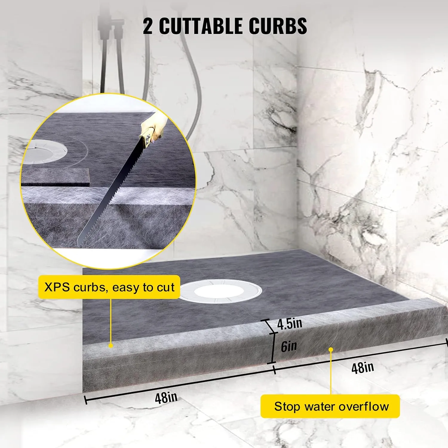 VEVOR Shower Curb Kit, 48"x48" Watertight Shower Curb Overlay with 4" PVC Central Bonding Flange, 4" Stainless Steel Grate, 2 Cuttable Shower Curb and Trowel, Shower Pan Slope Sticks Fit for Bathroom