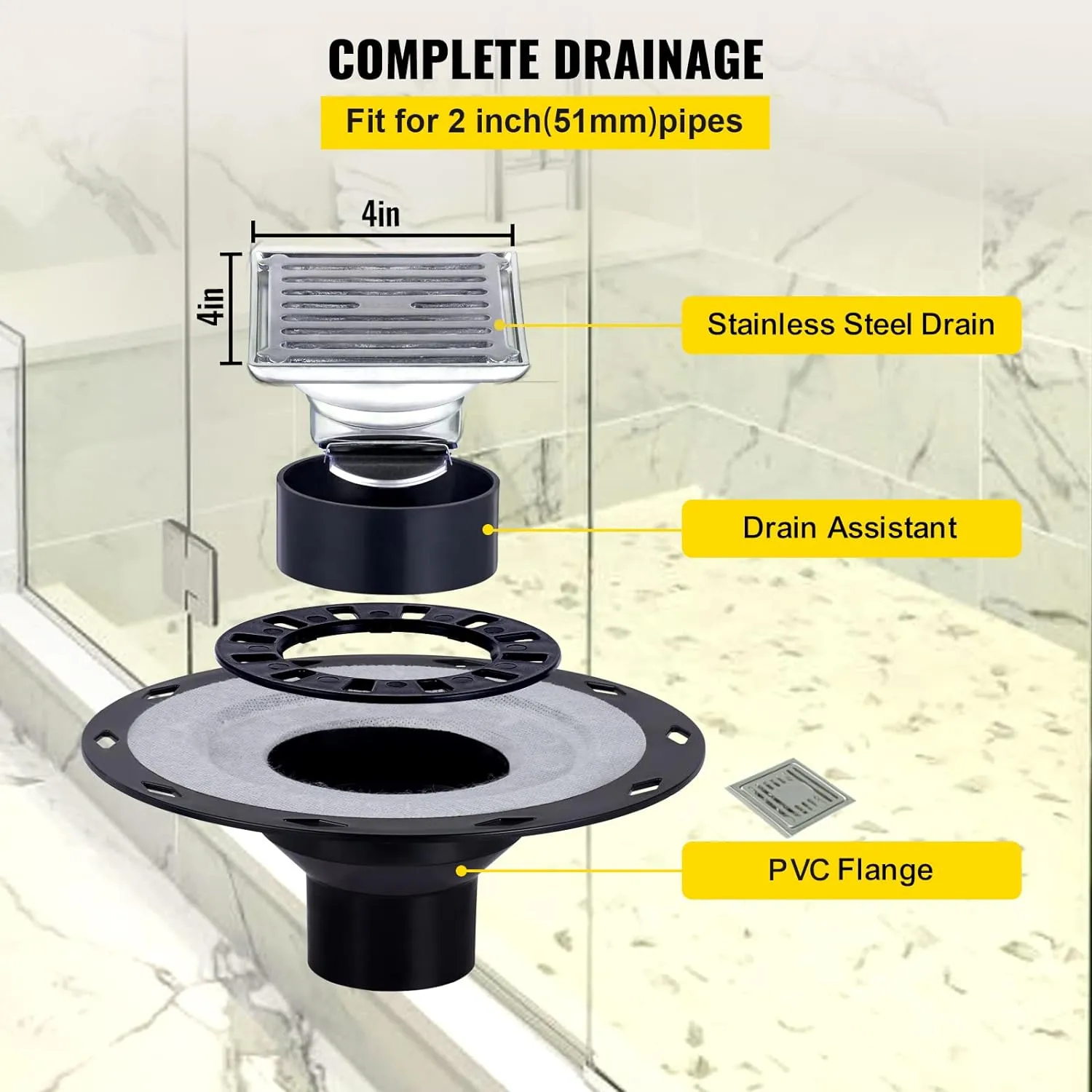 VEVOR Shower Curb Kit, 48"x48" Watertight Shower Curb Overlay with 4" PVC Central Bonding Flange, 4" Stainless Steel Grate, 2 Cuttable Shower Curb and Trowel, Shower Pan Slope Sticks Fit for Bathroom