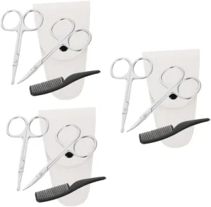 VICASKY 12 Pcs Men's Precision Stainless Steel Nose Hair Scissors Set Mini Beard Trimmer Grooming Kit (Pointed Rounded Scissors Leather Case Small Comb)