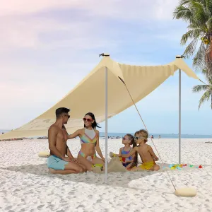 VILLEY Beach Tent Sun Shelter with UPF50  Protection for 5 Person, 8x7FT Portable Sun Shade with 2 Stability Poles and 4 Sandbags, Outdoor Beach Canopy for Camping, Picnics, Fishing, Outdoors(Khaki)