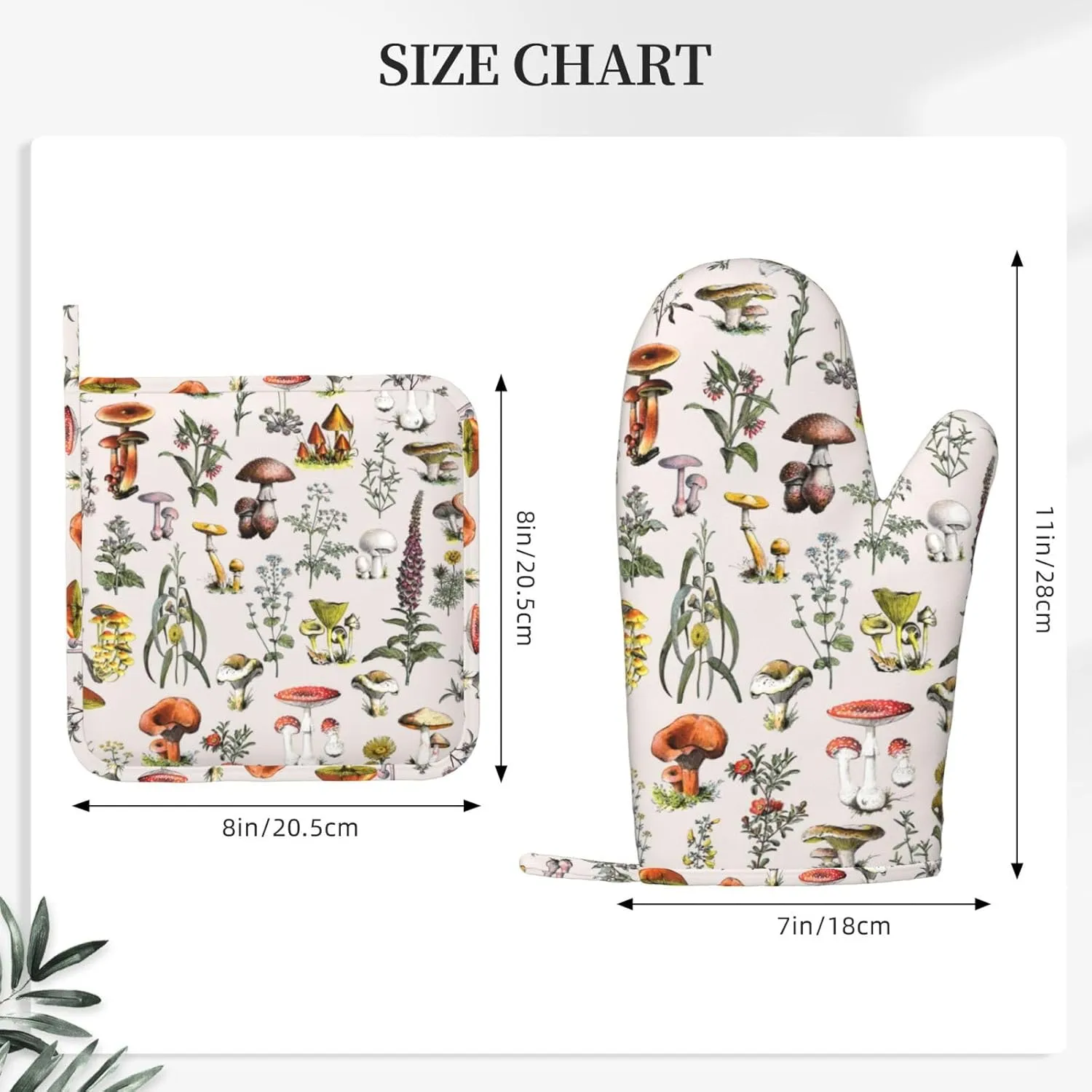 Vintage Botanical Oven Mitts and Pot Holders Set Silicone Heat Resistant Plants Herbs Mushroom Kitchen Gloves Set Nature Floral Kitchen Mittens Pot Holders for BBQ Cooking Baking Grilling