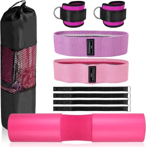 VINTEAM Barbell Pad Set for Squats Hip Thrusts Upgraded Bar Neck Pads Workout Foam Weightlifting Cushion with 2 Gym Ankle Straps 2 Hip Resistance Bands Fits Standard Olympic Bars