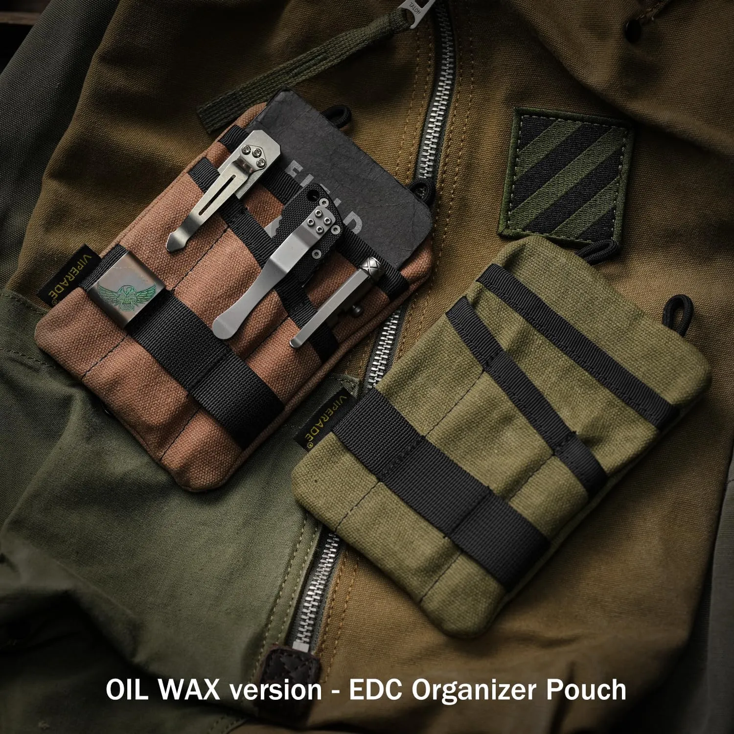 VIPERADE VE1-OW EDC Pouch, Waxed Canvas Pocket Organizer, EDC Pocket Organizer Pouch for Men, 3 Tool Slots with 1 Zipper Pocket Great for EDC Gears