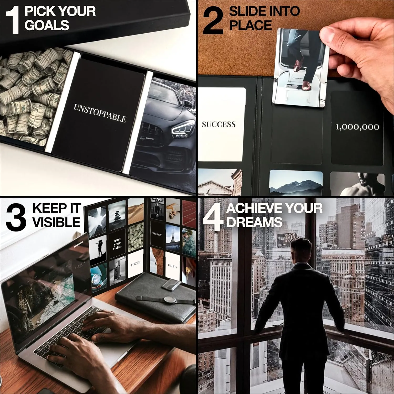 Vision Board Kit for Men - 168 Cards with Diverse Pictures & Quotes, Black Foldable Board & Complete Guide Book | Manifestation Clip Art Collage Supplies for Male Adults | No Old Magazines Needed