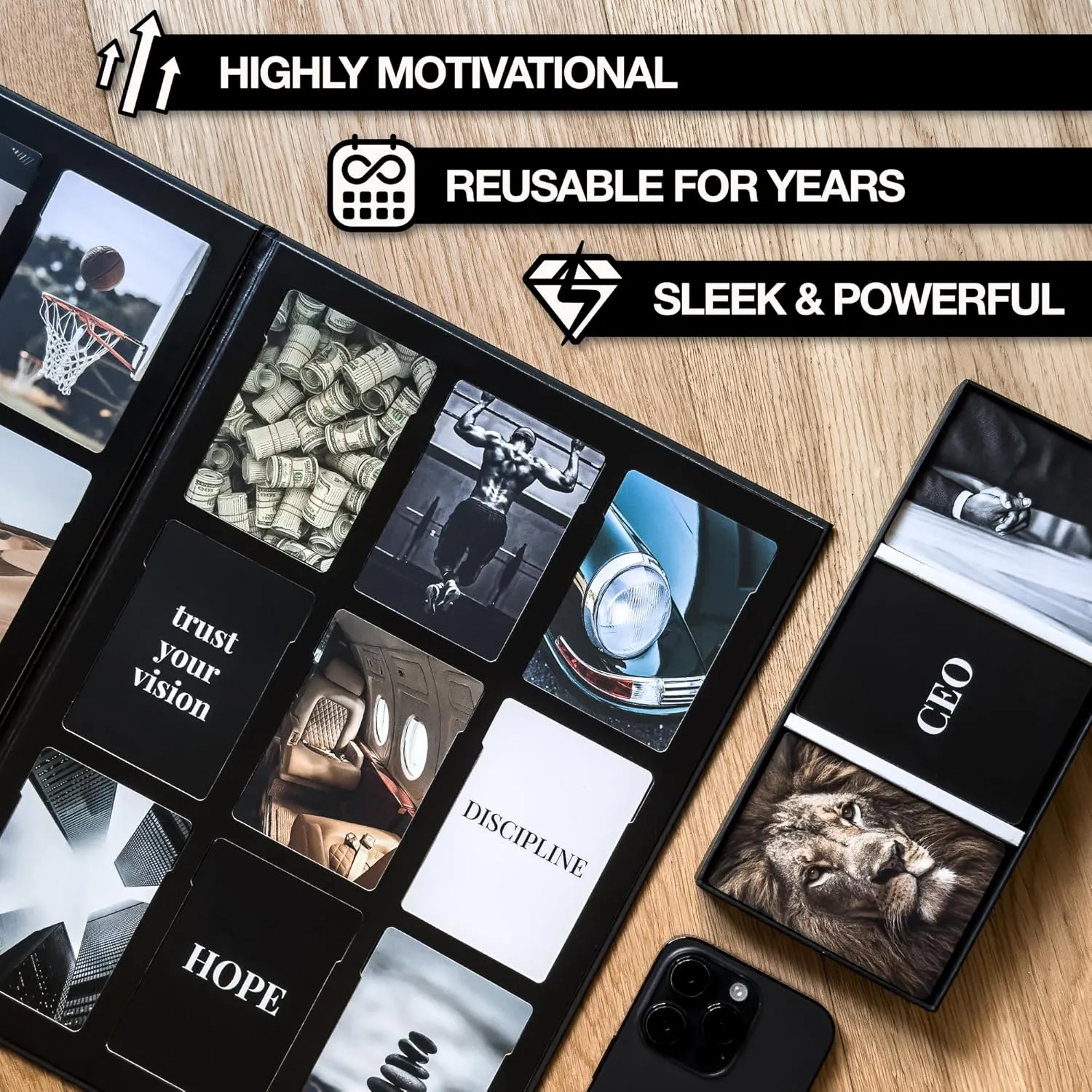 Vision Board Kit for Men - 168 Cards with Diverse Pictures & Quotes, Black Foldable Board & Complete Guide Book | Manifestation Clip Art Collage Supplies for Male Adults | No Old Magazines Needed