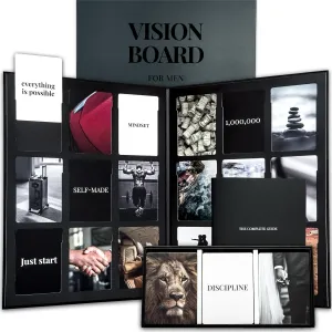 Vision Board Kit for Men - 168 Cards with Diverse Pictures & Quotes, Black Foldable Board & Complete Guide Book | Manifestation Clip Art Collage Supplies for Male Adults | No Old Magazines Needed
