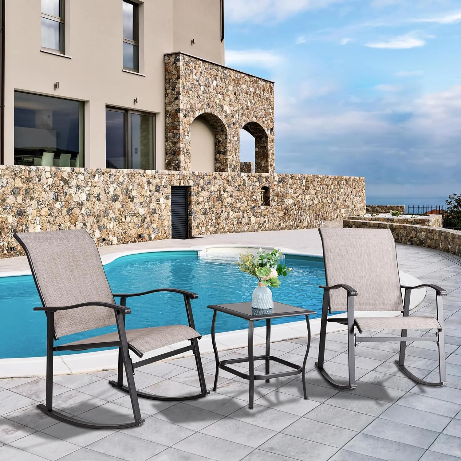 Vongrasig 3 Piece Outdoor Rocking Bistro Set, Textilene Fabric Small Patio Furniture Set, Front Porch Rocker Chairs Conversation Set with Glass Table for Lawn, Garden, Balcony, Poolside (Taupe)