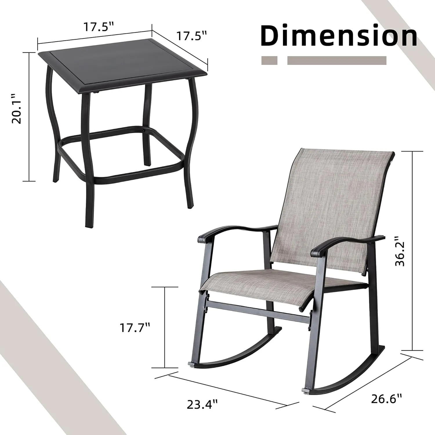 Vongrasig 3 Piece Outdoor Rocking Bistro Set, Textilene Fabric Small Patio Furniture Set, Front Porch Rocker Chairs Conversation Set with Glass Table for Lawn, Garden, Balcony, Poolside (Taupe)