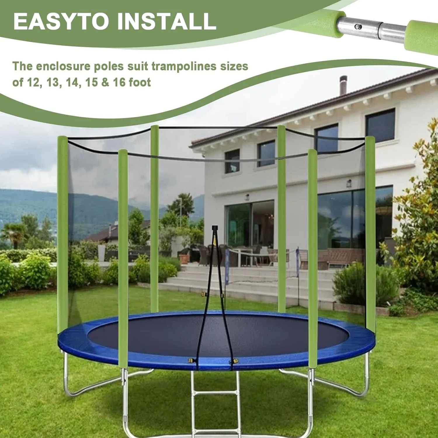 Wadoy Trampoline Poles Replacement Enclosure Poles Kit for 12Ft - 16Ft Trampolines Universal Fits 6 Straight Poles Round Frame with Clamp and Hardware