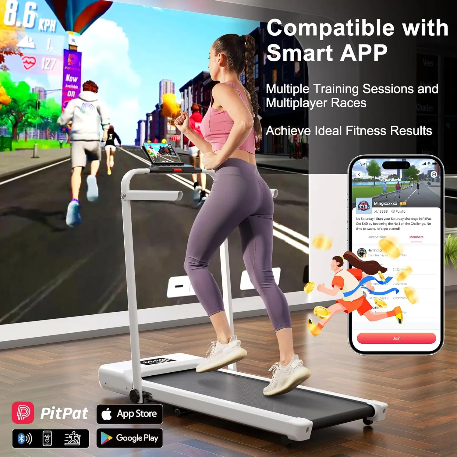 Walking Pad Treadmill with Handle bar, 3.0HP Small Foldable Treadmills for Home with APP Remote Control and LED Display, 7.5MPH Portable Treadmill 300 Lbs Capacity