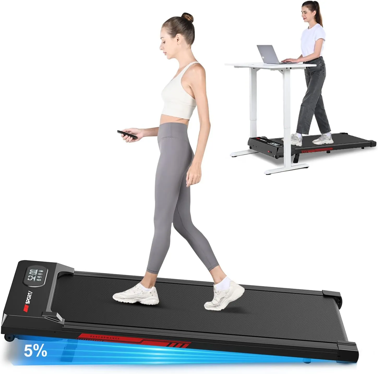 Walking Pad Treadmill with Incline, 5% Incline & 5MPH Under Desk Portable Treadmill for Home Office, Compact & Small, Ultra Quiet with 300  Lb Capacity