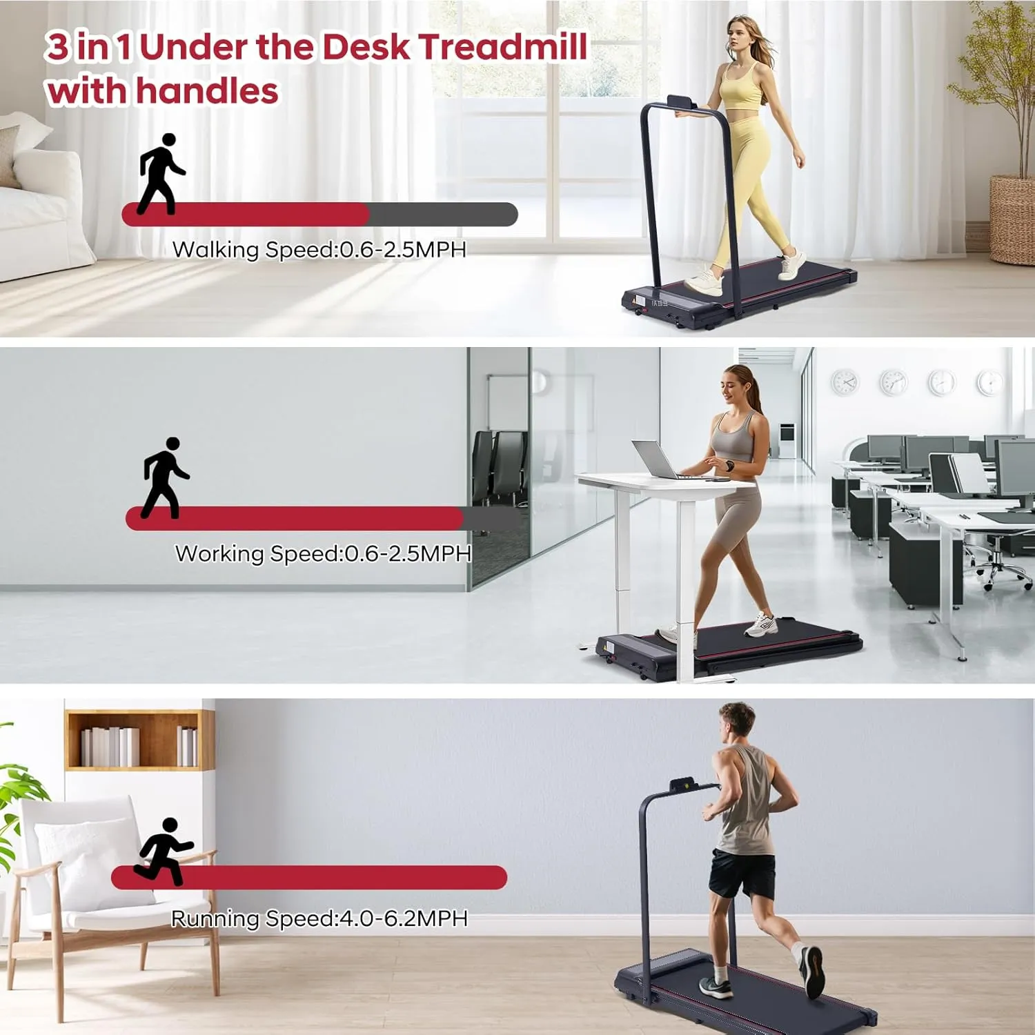 Walking Pad with Handle Bar, 3.0HP Walking Pad Treadmill with Handles, 3 in 1 Portable Under Desk Treadmills for Home Small Space, Foldable Folding Home Treadmil with Remote Control, 300LBS Capacity