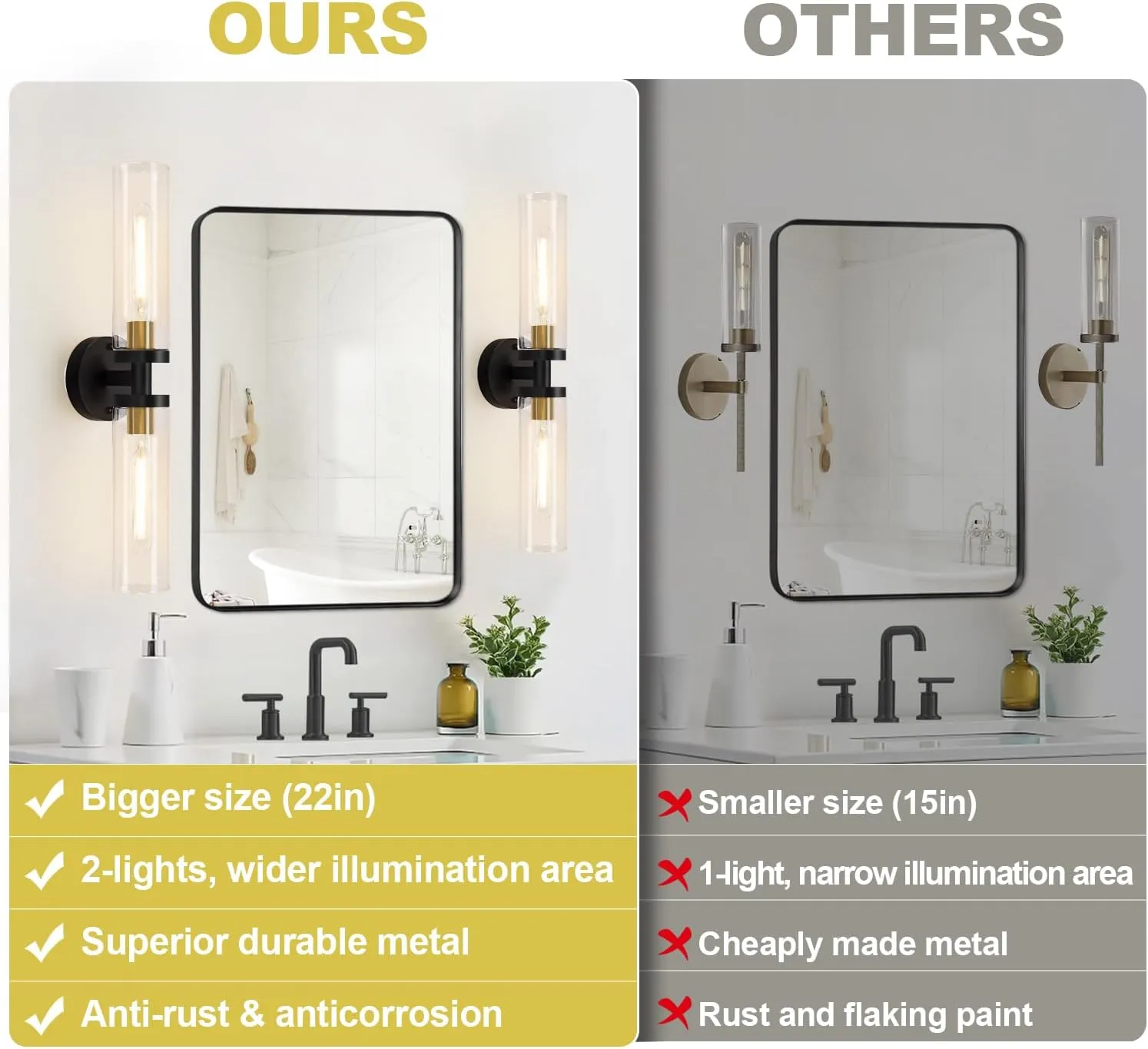 Wall Sconces Set of Two, Black and Gold Bathroom Sconces Wall Lighting with Clear Glass, Modern Sconces Wall Decor Set of 2 Wall Light fixtures for Bathroom Mirror Living Room Hallway Bedroom