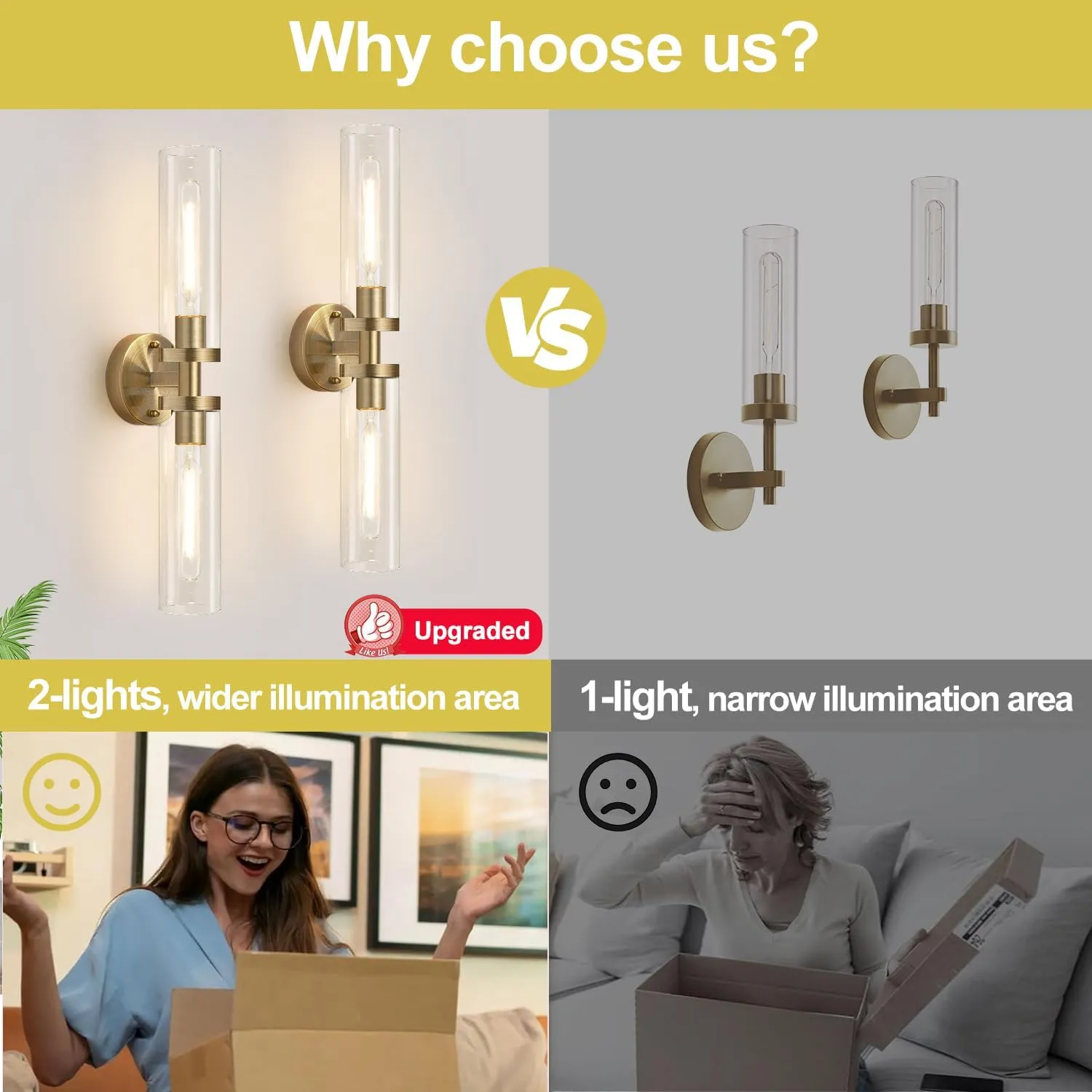 Wall Sconces Set of Two, Hardwired Brass Bathroom Sconces Wall Lighting with Clear Glass, Modern Sconces Wall Decor Set of 2 Wall Light fixtures for Bathroom Mirror Bedroom (Bulbs Not Included)