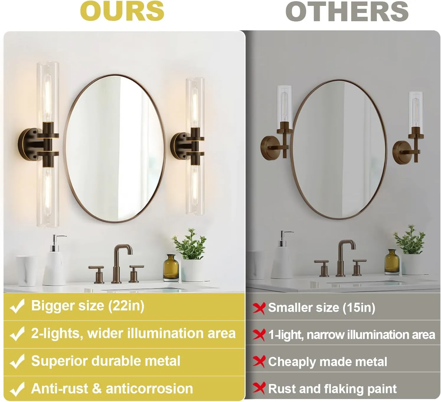 Wall Sconces Set of Two, Hardwired Brown Bathroom Sconces Wall Lighting with Clear Glass, Modern Sconces Wall Decor Set of 2 Wall Light fixtures for Bathroom Mirror Hallway (Bulbs Not Included)