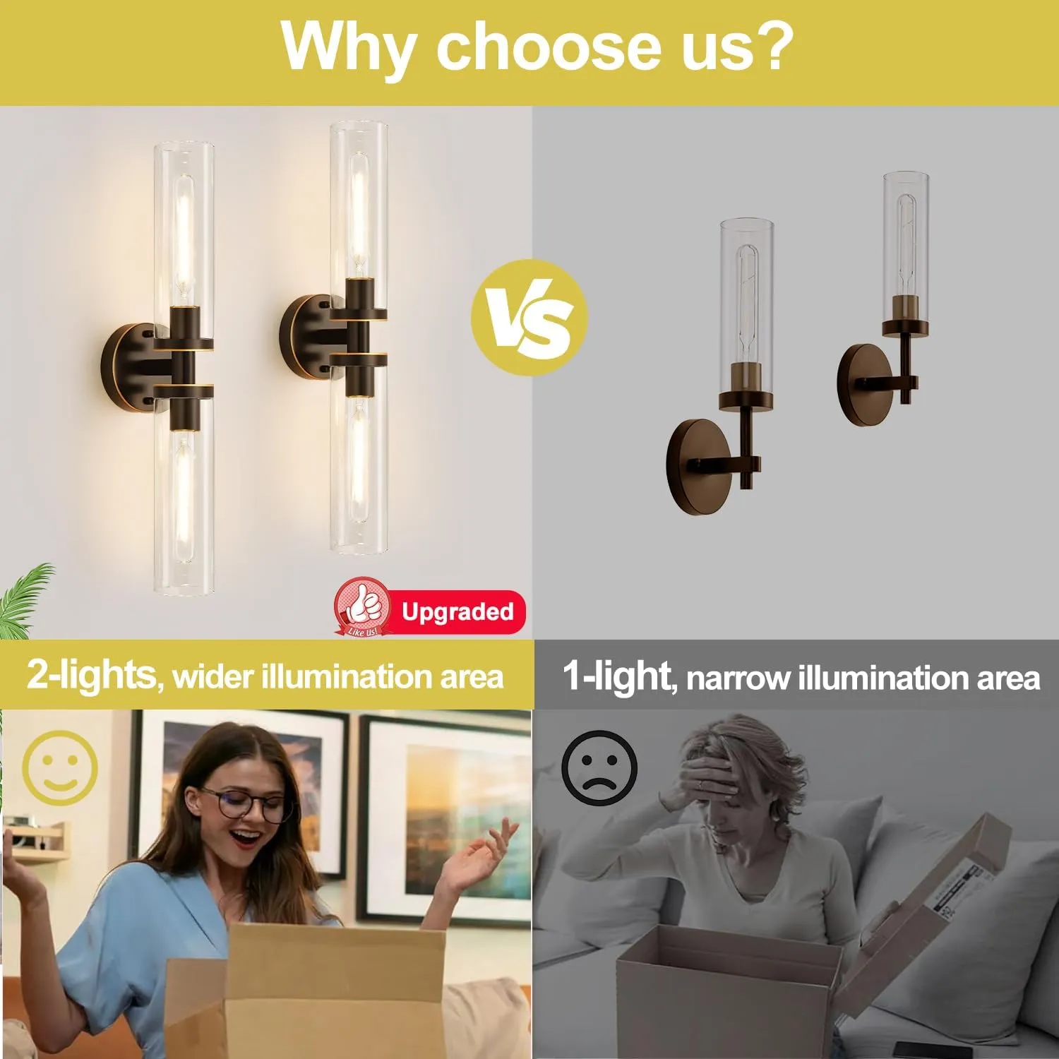 Wall Sconces Set of Two, Hardwired Brown Bathroom Sconces Wall Lighting with Clear Glass, Modern Sconces Wall Decor Set of 2 Wall Light fixtures for Bathroom Mirror Hallway (Bulbs Not Included)