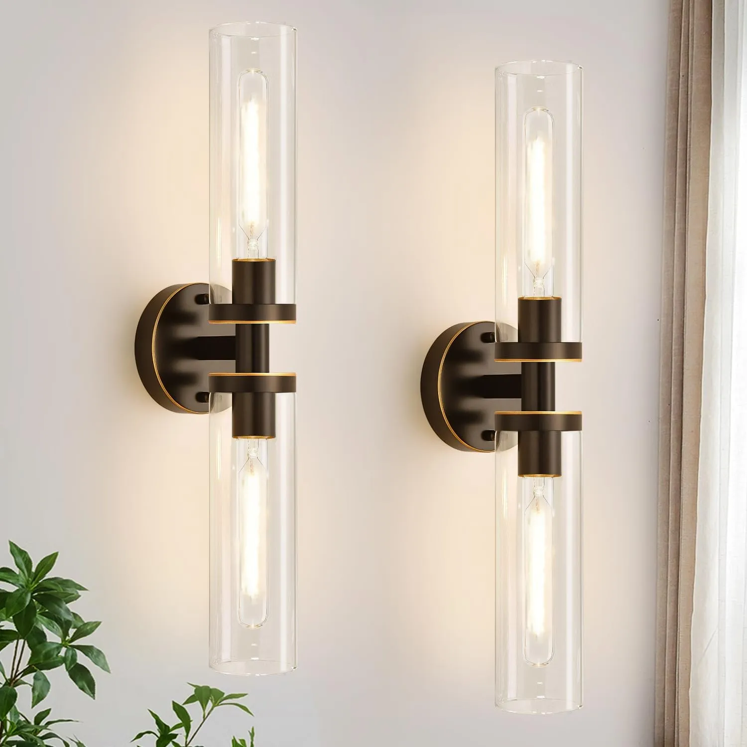 Wall Sconces Set of Two, Hardwired Brown Bathroom Sconces Wall Lighting with Clear Glass, Modern Sconces Wall Decor Set of 2 Wall Light fixtures for Bathroom Mirror Hallway (Bulbs Not Included)