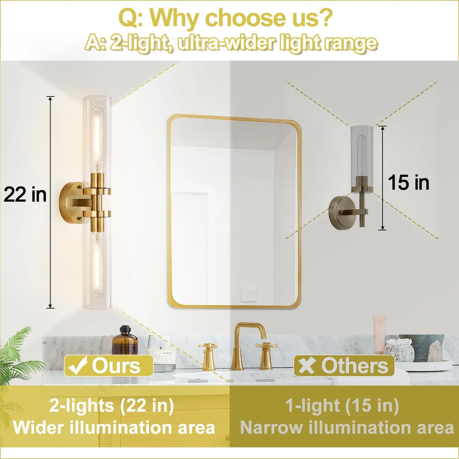 Wall Sconces Set of Two, Hardwired Brushed Gold Bathroom Sconces Wall Lighting with Clear Glass, Modern Sconces Wall Decor Set of 2 Wall Light fixtures for Bathroom Mirror Hallway (Bulbs Not Included)