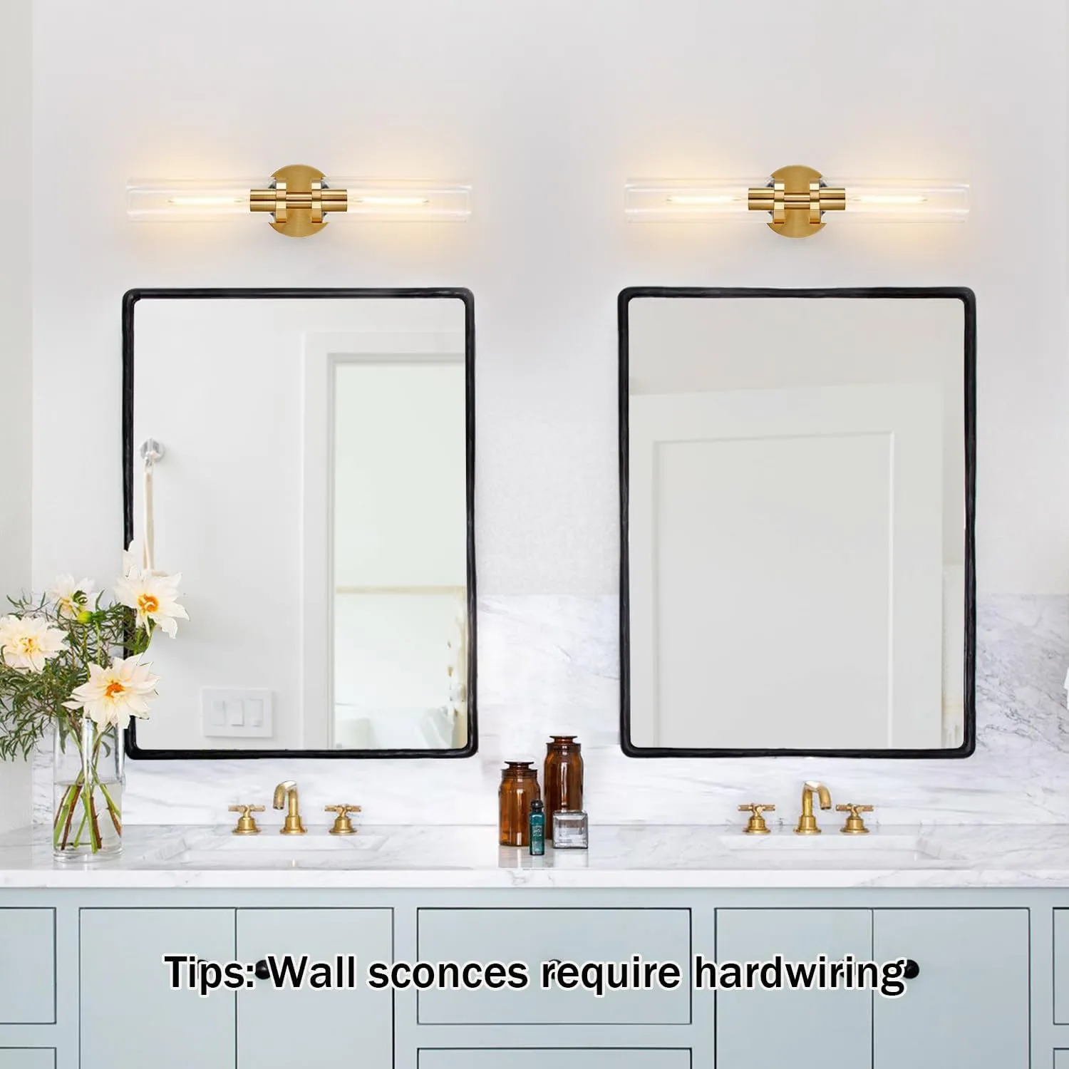Wall Sconces Set of Two, Hardwired Brushed Gold Bathroom Sconces Wall Lighting with Clear Glass, Modern Sconces Wall Decor Set of 2 Wall Light fixtures for Bathroom Mirror Hallway (Bulbs Not Included)
