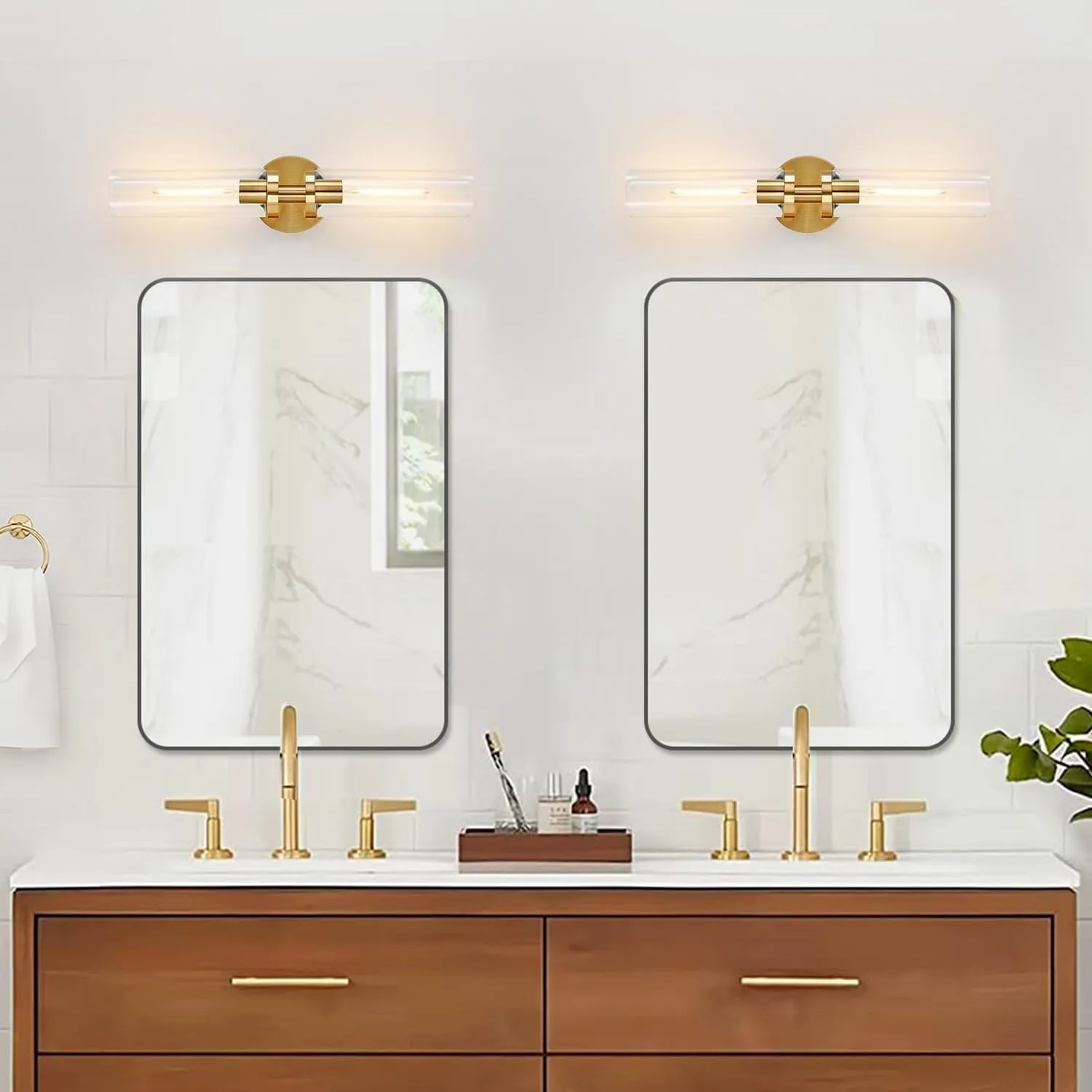 Wall Sconces Set of Two, Hardwired Brushed Gold Bathroom Sconces Wall Lighting with Clear Glass, Modern Sconces Wall Decor Set of 2 Wall Light fixtures for Bathroom Mirror Hallway (Bulbs Not Included)