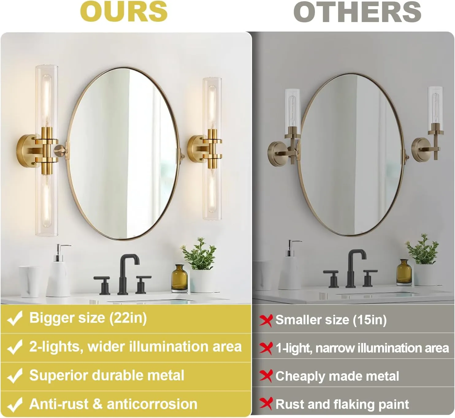 Wall Sconces Set of Two, Hardwired Brushed Gold Bathroom Sconces Wall Lighting with Clear Glass, Modern Sconces Wall Decor Set of 2 Wall Light fixtures for Bathroom Mirror Hallway (Bulbs Not Included)