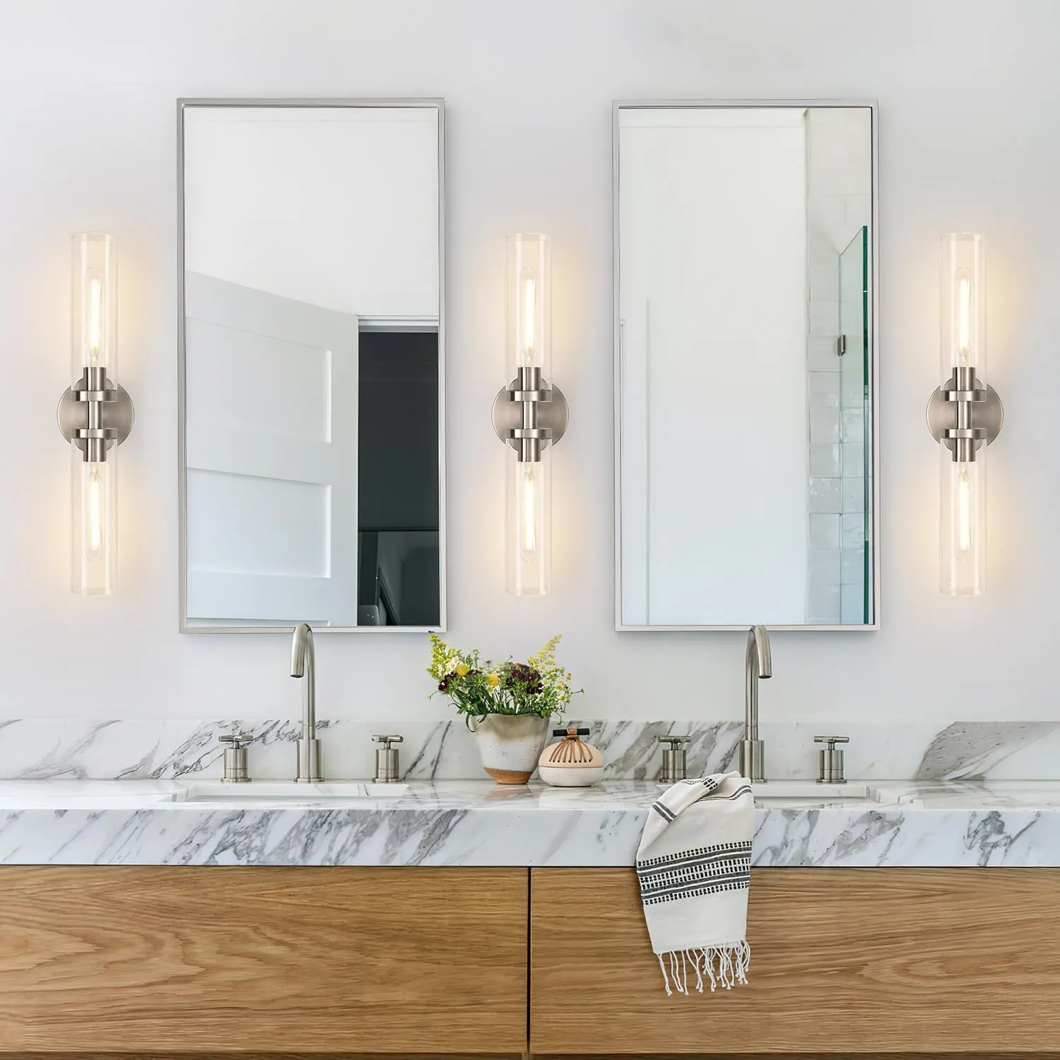Wall Sconces Set of Two, Hardwired Brushed Nickel Bathroom Sconces Wall Lighting with Clear Glass, Modern Sconces Wall Decor Set of 2 Wall Light fixtures for Mirror Hallway (Bulbs Not Included)