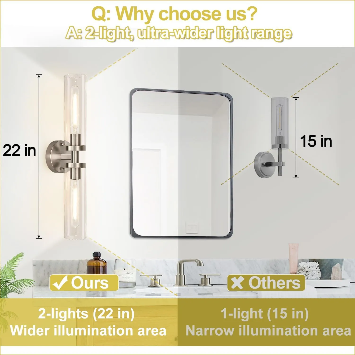 Wall Sconces Set of Two, Hardwired Brushed Nickel Bathroom Sconces Wall Lighting with Clear Glass, Modern Sconces Wall Decor Set of 2 Wall Light fixtures for Mirror Hallway (Bulbs Not Included)