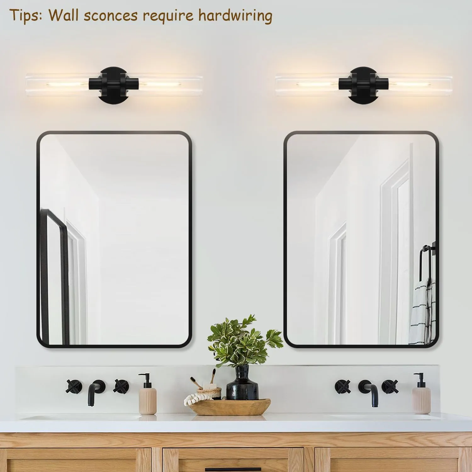 Wall Sconces Set of Two, Hardwired Matte Black Bathroom Sconces Wall Lighting with Clear Glass, Modern Sconces Wall Decor Set of 2 Wall Light fixtures for Bathroom Mirror Hallway (Bulbs Not Included)