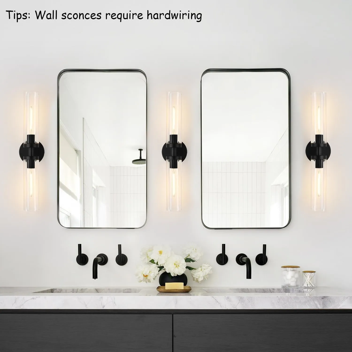 Wall Sconces Set of Two, Hardwired Matte Black Bathroom Sconces Wall Lighting with Clear Glass, Modern Sconces Wall Decor Set of 2 Wall Light fixtures for Bathroom Mirror Hallway (Bulbs Not Included)