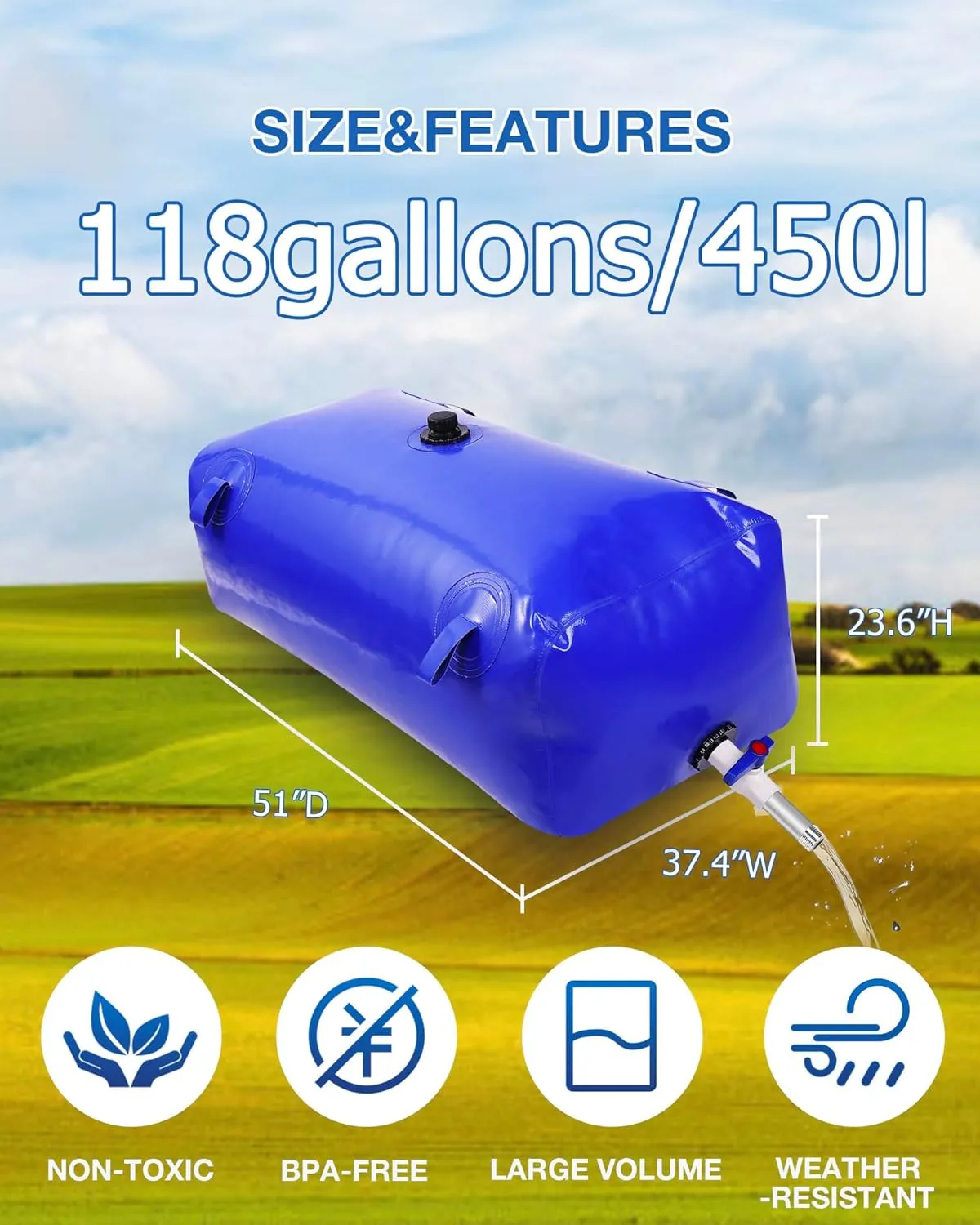 Water Storage Bladder with Graduated Visible, Large Capacity Water Storage Containers, PVC Water Tank with Valve and Overflow Kit, Foldable Tank for Outdoor and Emergencies 118gal/450L, Blue