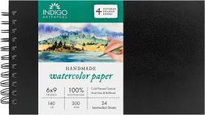 Watercolor Paper Wiropad, 24 Sheets, 6x9 (140lb/300g) | Handmade 100% Cotton Rag, Cold Pressed, Acid-Free Water Color Paper with 4 Natural Deckle Edges, Watercolor Pad Sketchbook