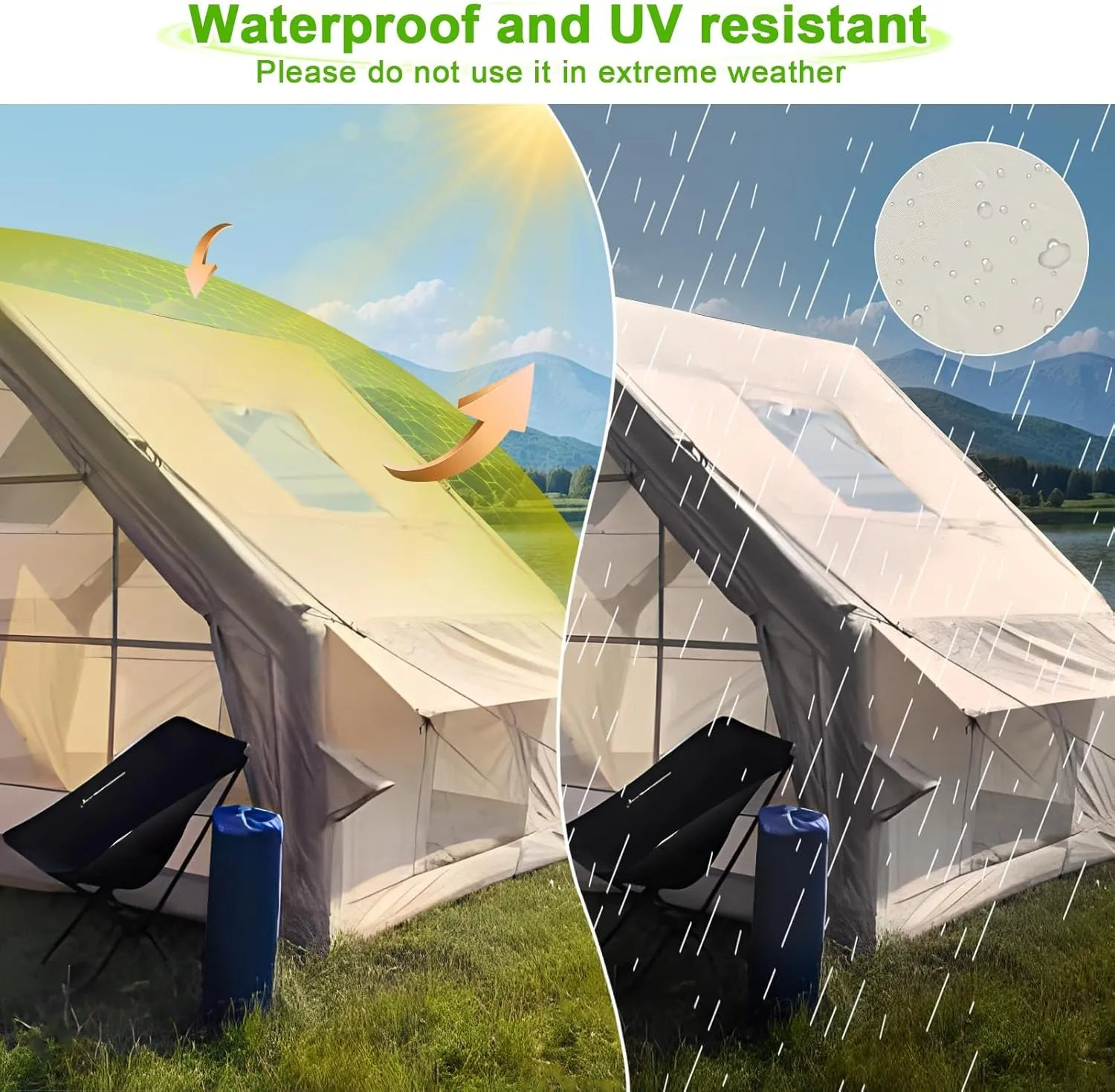 Waterproof Windproof Inflatable Tent with Quick Blow-Up Setup, 1-6 Person Glamping Air Tent with Spacious Cabin Design, Family Camping Tent House for All-Weather Adventures Beige 300cm