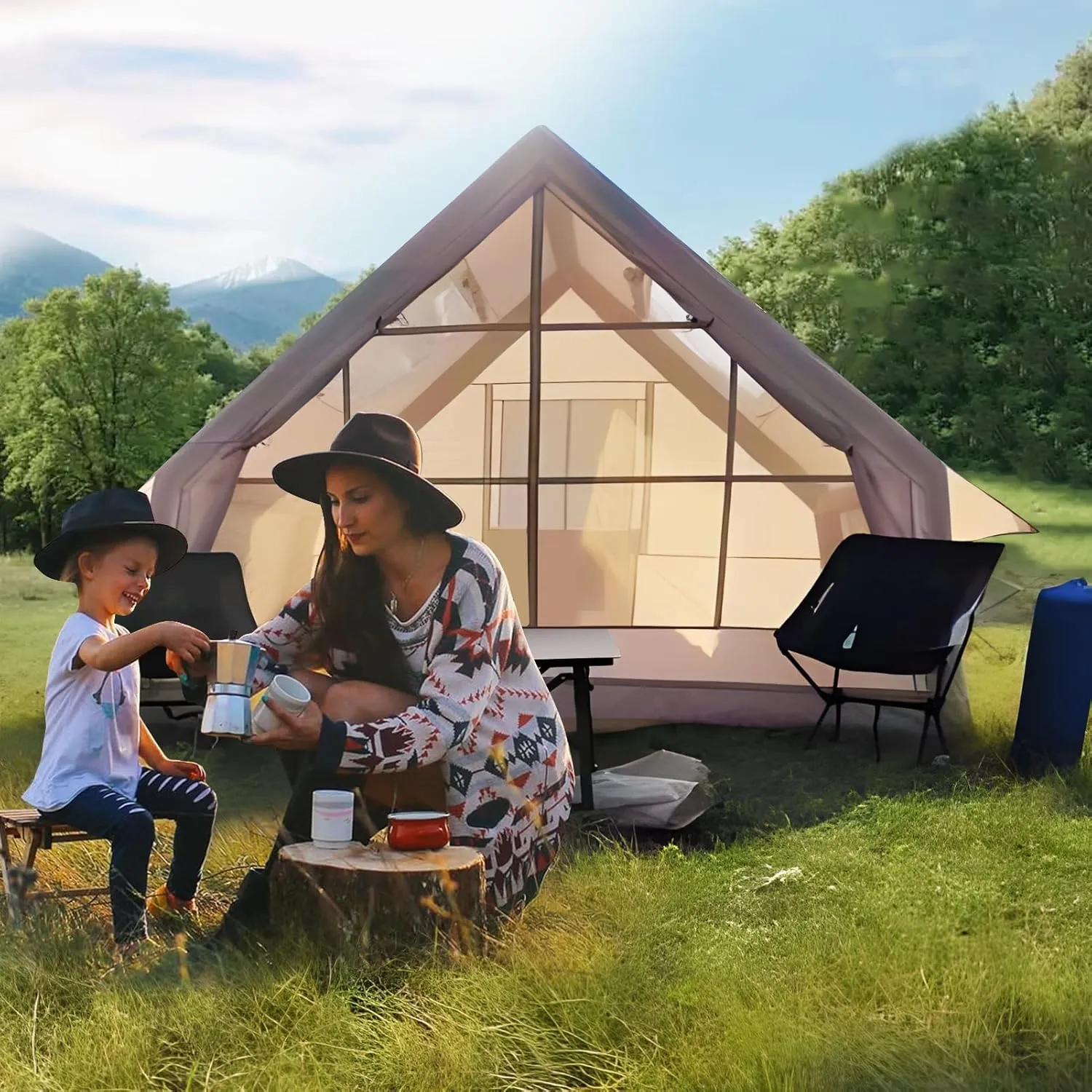Waterproof Windproof Inflatable Tent with Quick Blow-Up Setup, 1-6 Person Glamping Air Tent with Spacious Cabin Design, Family Camping Tent House for All-Weather Adventures Beige 300cm