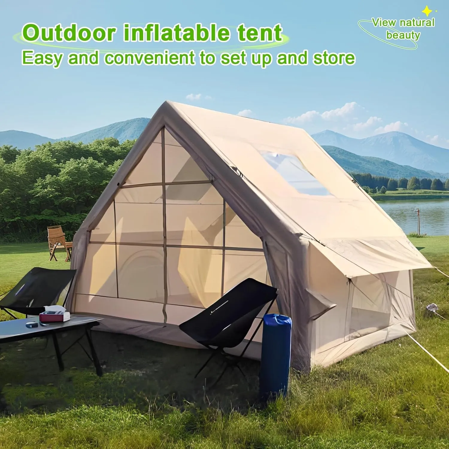 Waterproof Windproof Inflatable Tent with Quick Blow-Up Setup, 1-6 Person Glamping Air Tent with Spacious Cabin Design, Family Camping Tent House for All-Weather Adventures Beige 300cm