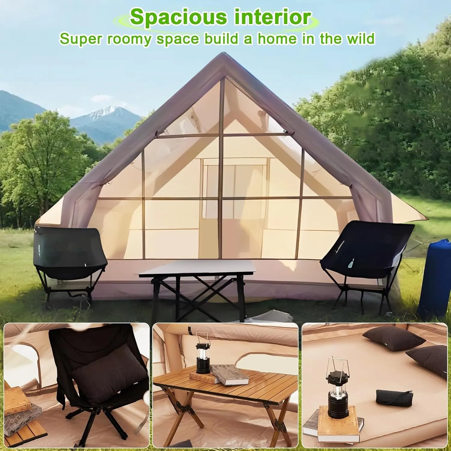 Waterproof Windproof Inflatable Tent with Quick Blow-Up Setup, 1-6 Person Glamping Air Tent with Spacious Cabin Design, Family Camping Tent House for All-Weather Adventures Beige 300cm