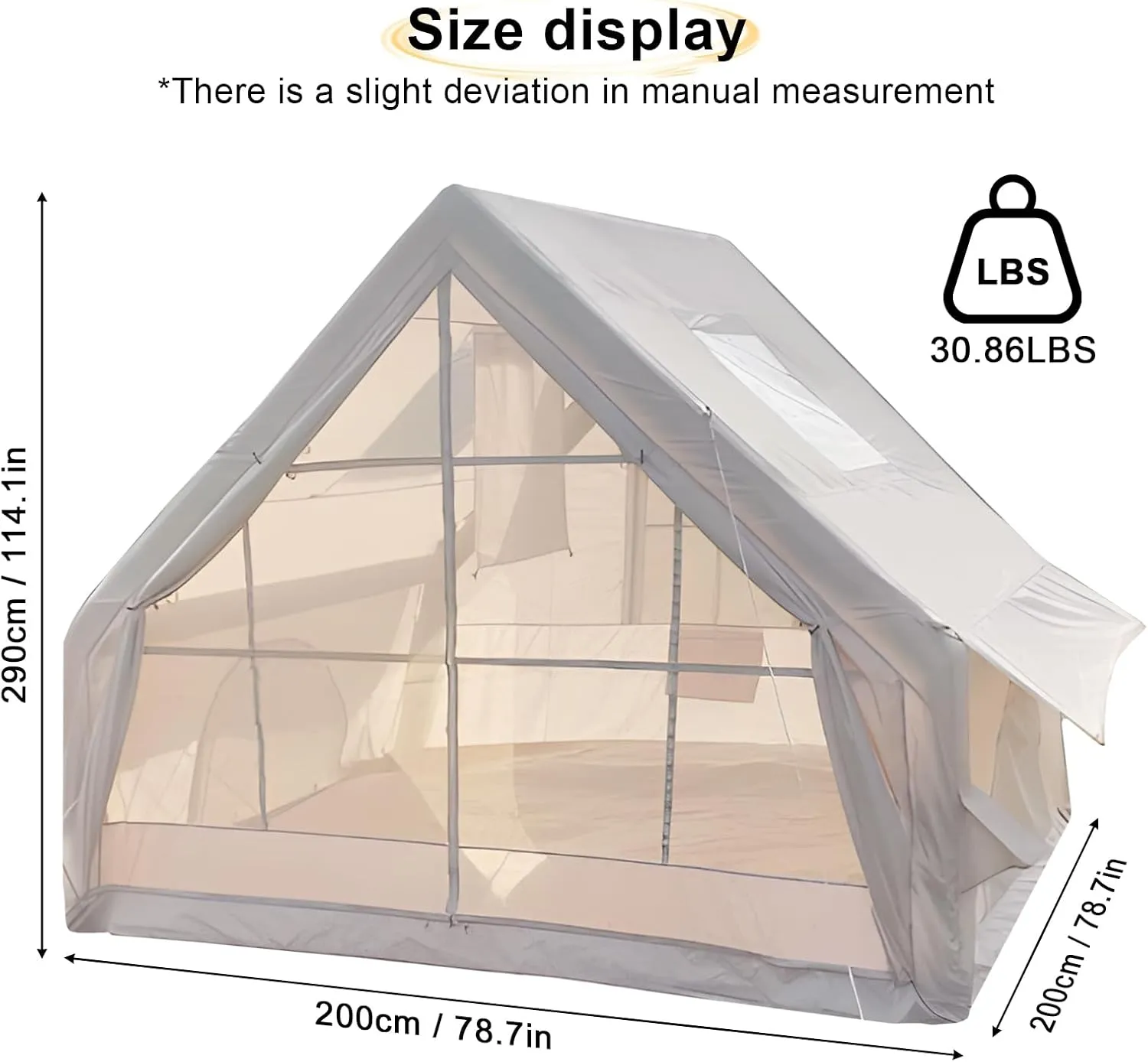 Waterproof Windproof Inflatable Tent with Quick Blow-Up Setup, 1-6 Person Glamping Air Tent with Spacious Cabin Design, Family Camping Tent House for All-Weather Adventures Beige 300cm