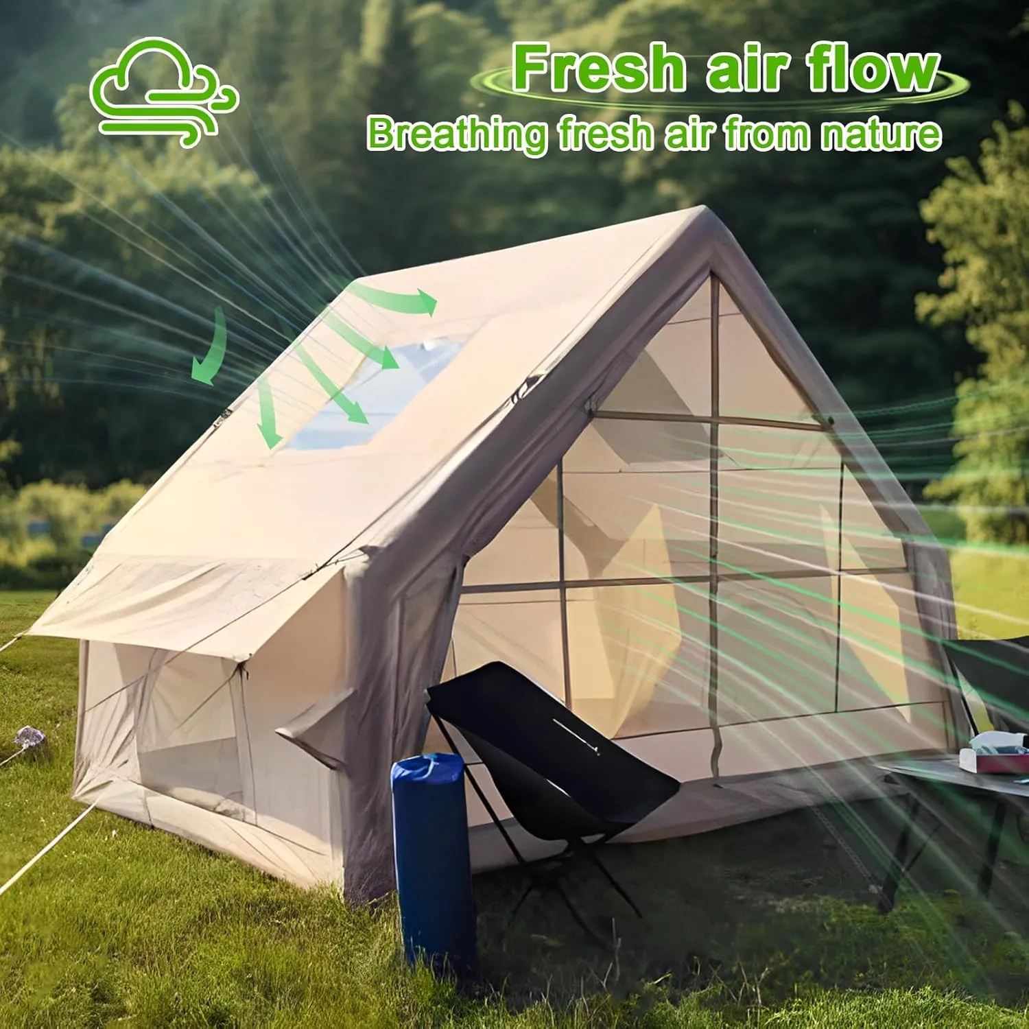 Waterproof Windproof Inflatable Tent with Quick Blow-Up Setup, 1-6 Person Glamping Air Tent with Spacious Cabin Design, Family Camping Tent House for All-Weather Adventures Beige 300cm