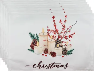 WAZAIGUR Christmas Placemats for Dining Table,Candle and Pine Cone Pattern,Washable Two-Double Thickened Heat Resistant Polyester Dining Table Mats,Placemats Set of 6,(Red and White)