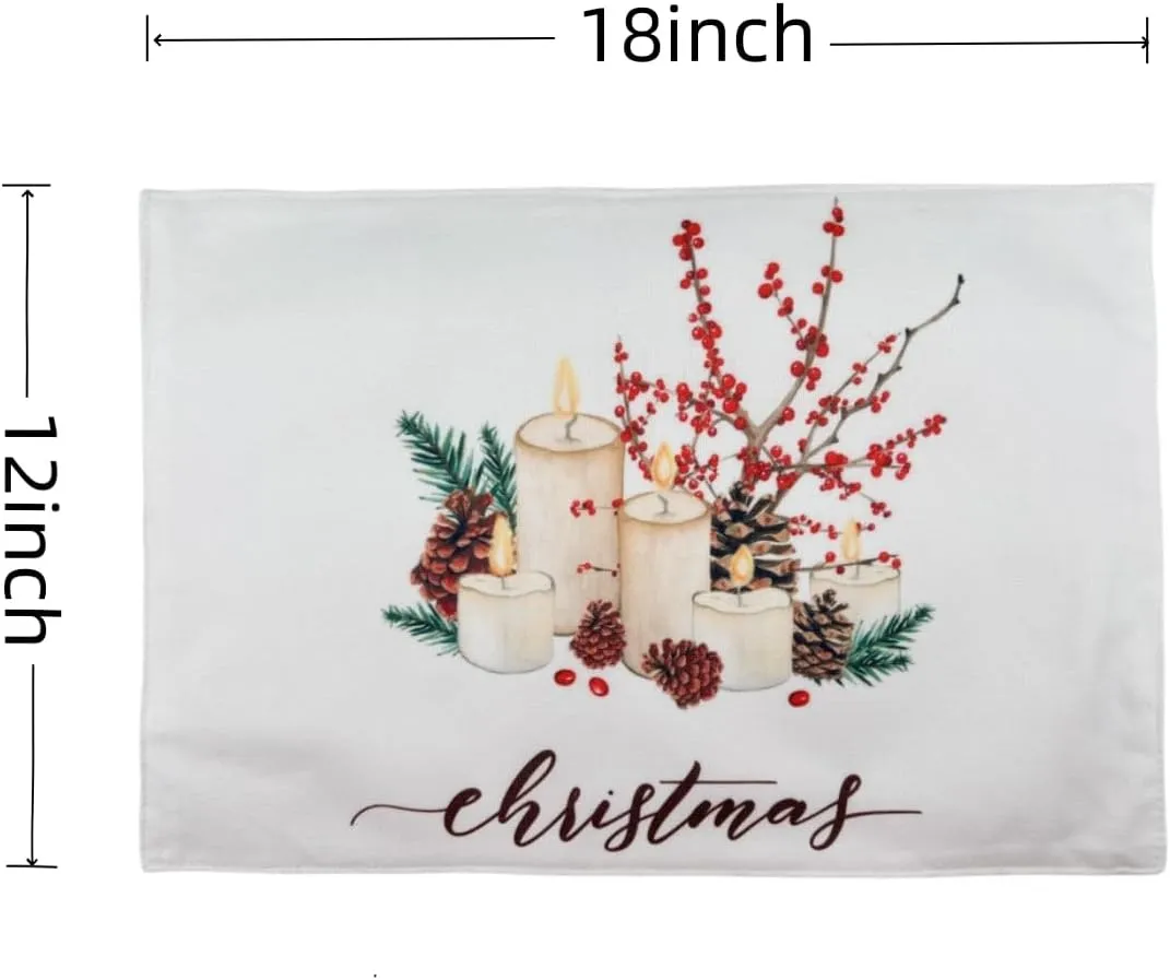 WAZAIGUR Christmas Placemats for Dining Table,Candle and Pine Cone Pattern,Washable Two-Double Thickened Heat Resistant Polyester Dining Table Mats,Placemats Set of 6,(Red and White)