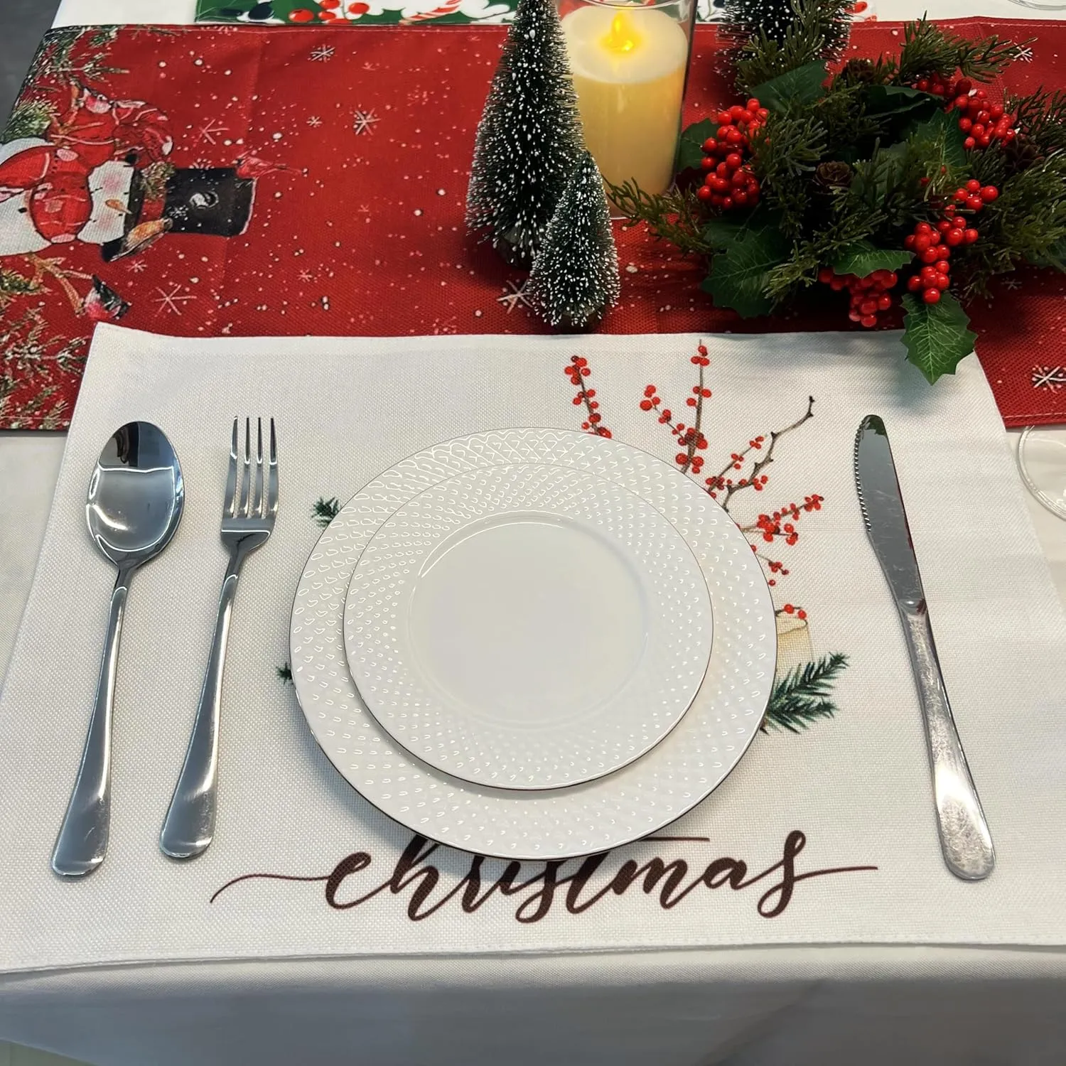 WAZAIGUR Christmas Placemats for Dining Table,Candle and Pine Cone Pattern,Washable Two-Double Thickened Heat Resistant Polyester Dining Table Mats,Placemats Set of 6,(Red and White)