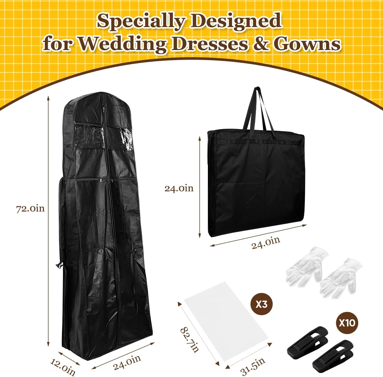 Wedding Dress Preservation Storage Box: Foldable Bridal Gown Garment Bag with 3 Acid Free Tissue Paper & 10 Clicks