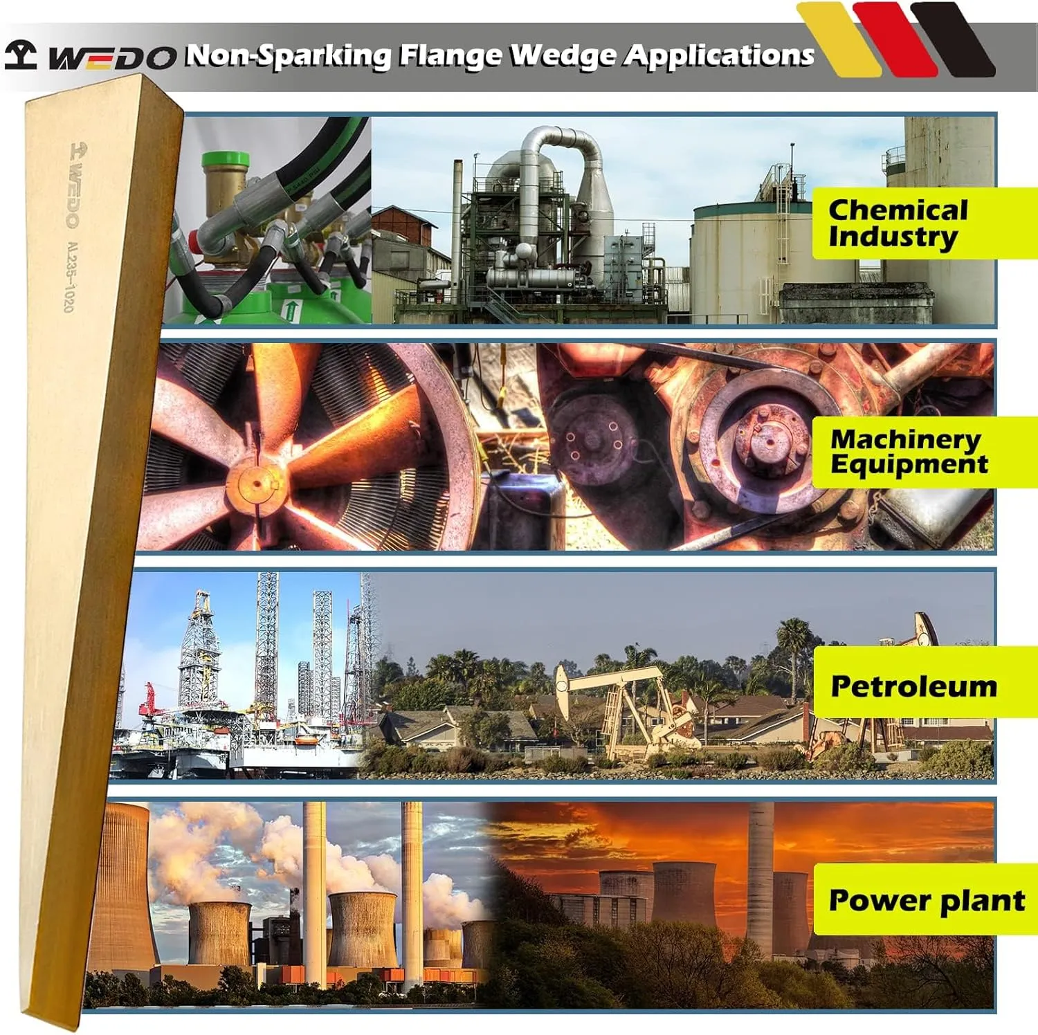 WEDO 2pcs Non-Sparking Flange Wedge Set, Spark-free Safety Flange Wedge,Aluminum Bronze,Die-Forged, Corrosion Resistant, DIN Standard, Size100*50 * 10mm(4”*2”*2/5”),Suit for Petrochemical Industry