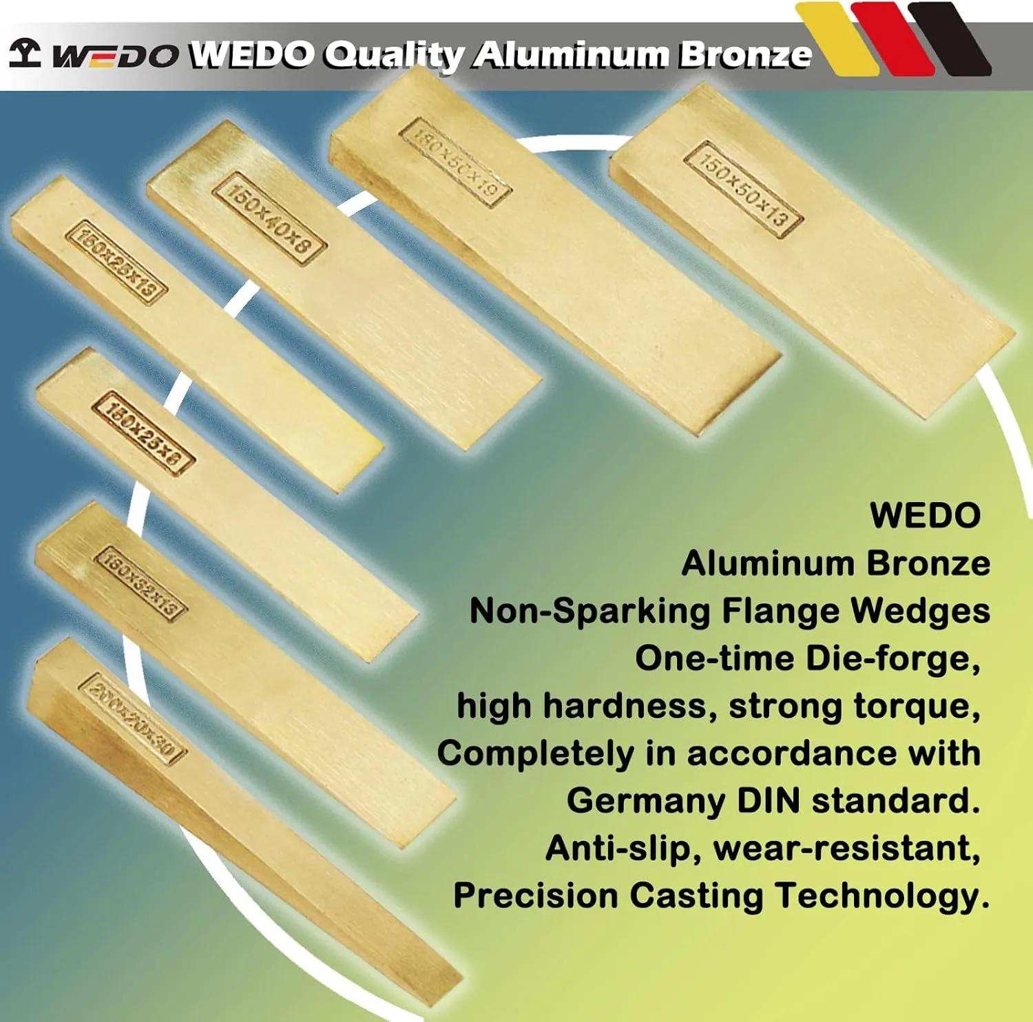 WEDO 2pcs Non-Sparking Flange Wedge Set, Spark-free Safety Flange Wedge,Aluminum Bronze,Die-Forged, Corrosion Resistant, DIN Standard, Size100*50 * 10mm(4”*2”*2/5”),Suit for Petrochemical Industry