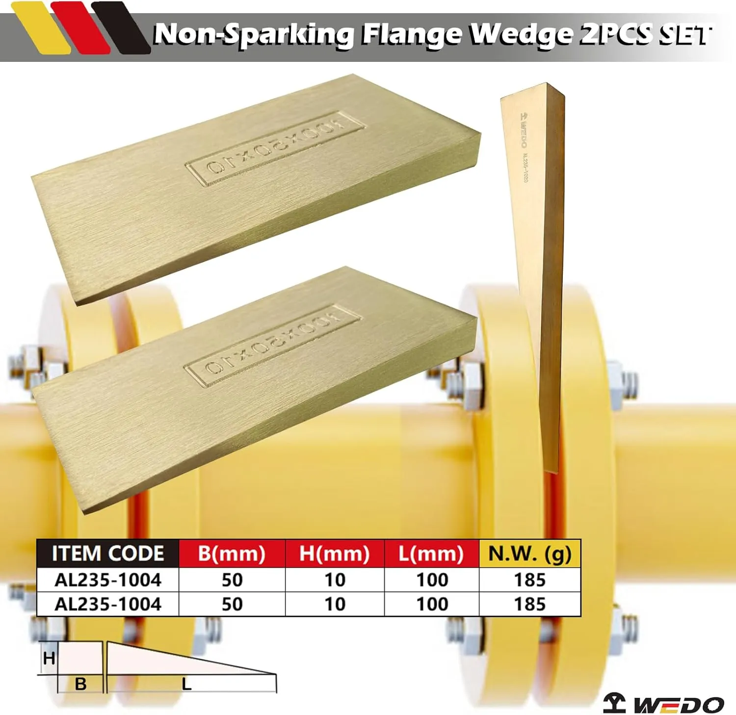 WEDO 2pcs Non-Sparking Flange Wedge Set, Spark-free Safety Flange Wedge,Aluminum Bronze,Die-Forged, Corrosion Resistant, DIN Standard, Size100*50 * 10mm(4”*2”*2/5”),Suit for Petrochemical Industry