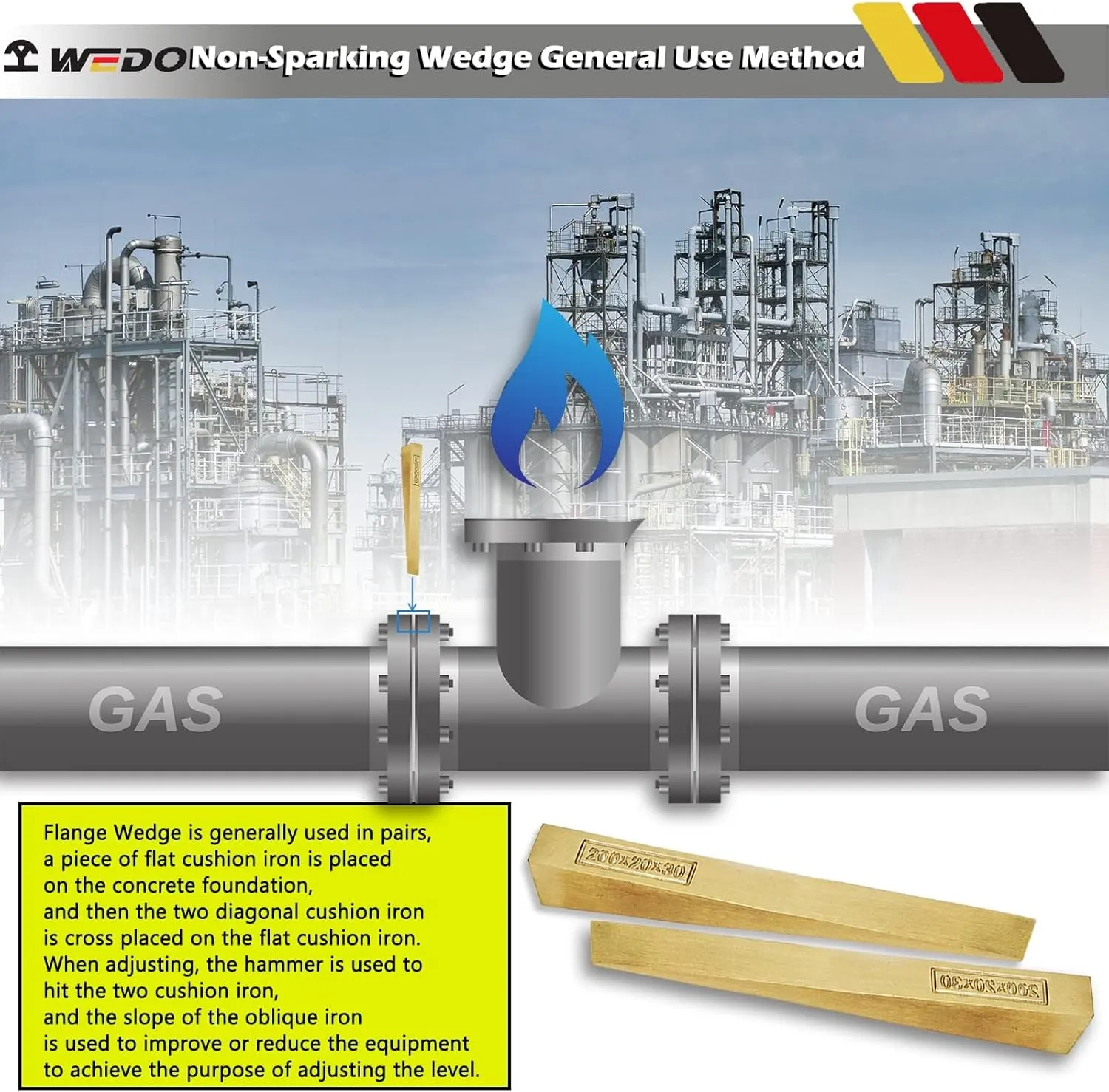 WEDO 2pcs Non-Sparking Flange Wedge Set, Spark-free Safety Flange Wedge,Aluminum Bronze,Die-Forged, Corrosion Resistant, DIN Standard, Size100*50 * 10mm(4”*2”*2/5”),Suit for Petrochemical Industry