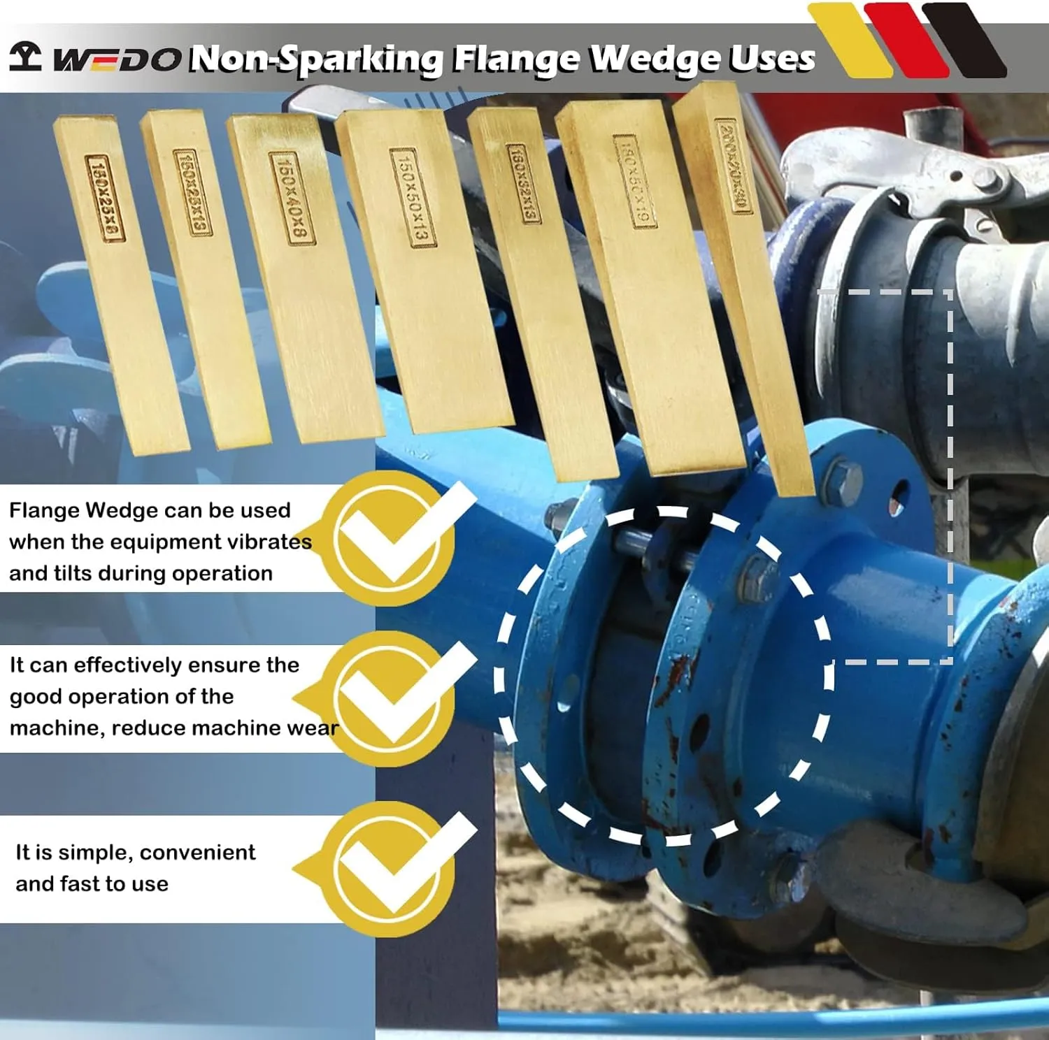 WEDO 2pcs Non-Sparking Flange Wedge Set, Spark-free Safety Flange Wedge,Aluminum Bronze,Die-Forged, Corrosion Resistant, DIN Standard, Size100*50 * 10mm(4”*2”*2/5”),Suit for Petrochemical Industry